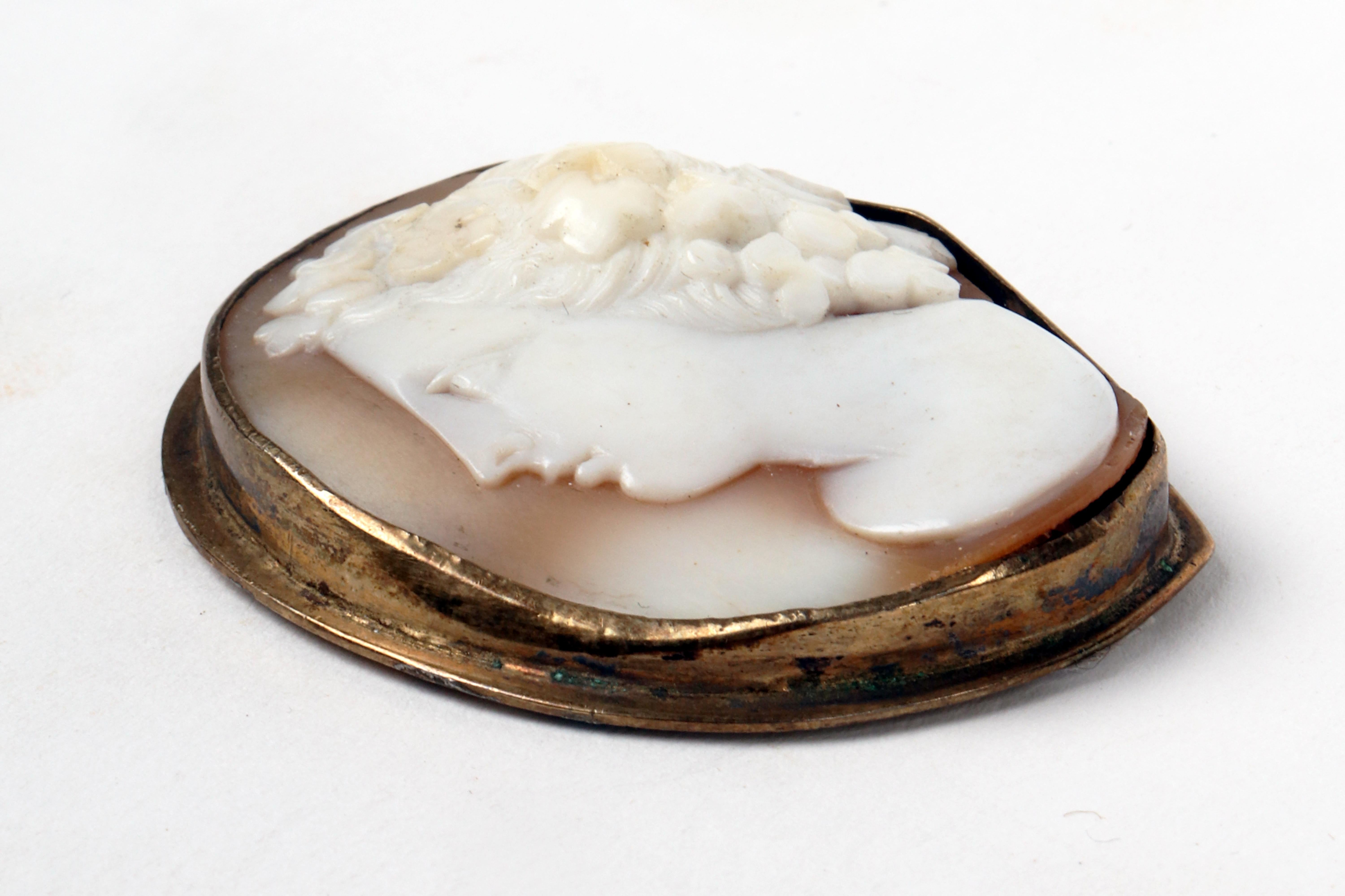 Metal A beautiful shell cameo mounted in golden metal, England 1880. For Sale