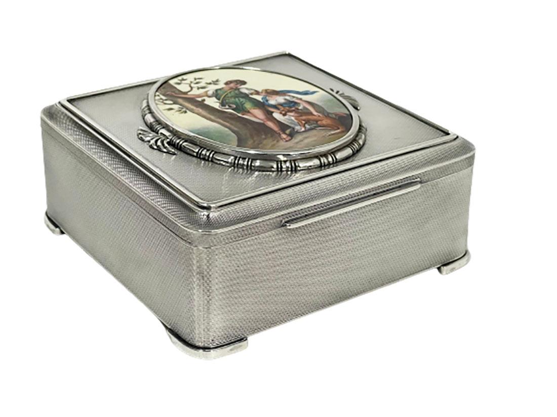 Enameled Beautiful Square Guilloche Silver Jewelry Box by Emil Brenk, Germany, ca 1910 For Sale