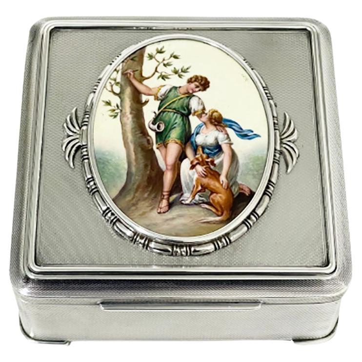 Magnifique boîte à bijoux carrée en argent guilloché d'Emil Brenk, Allemagne, vers 1910