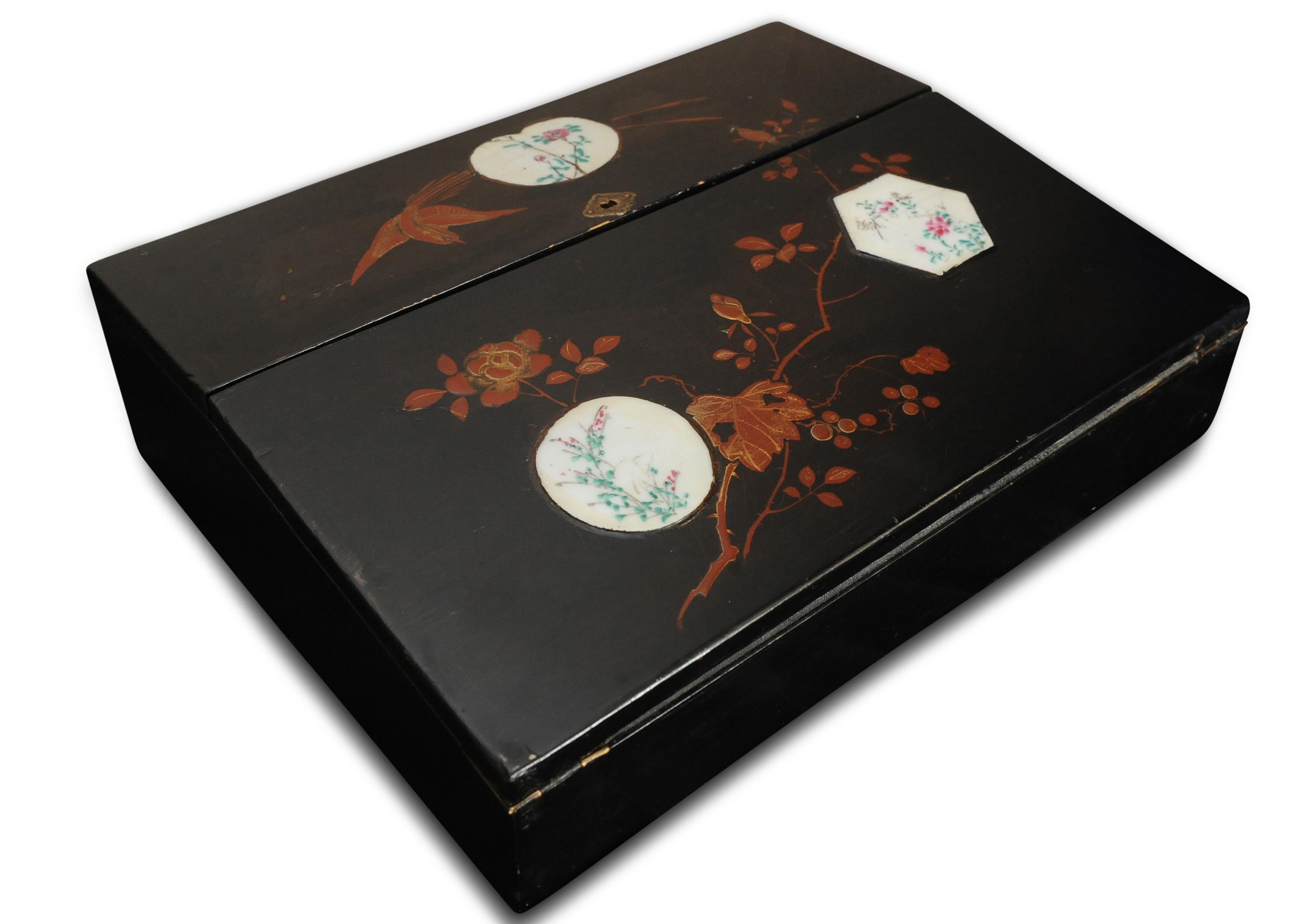 Japanese A Beautiful Victorian Japanned Writing Slope With Decorative Enamel Inlays For Sale