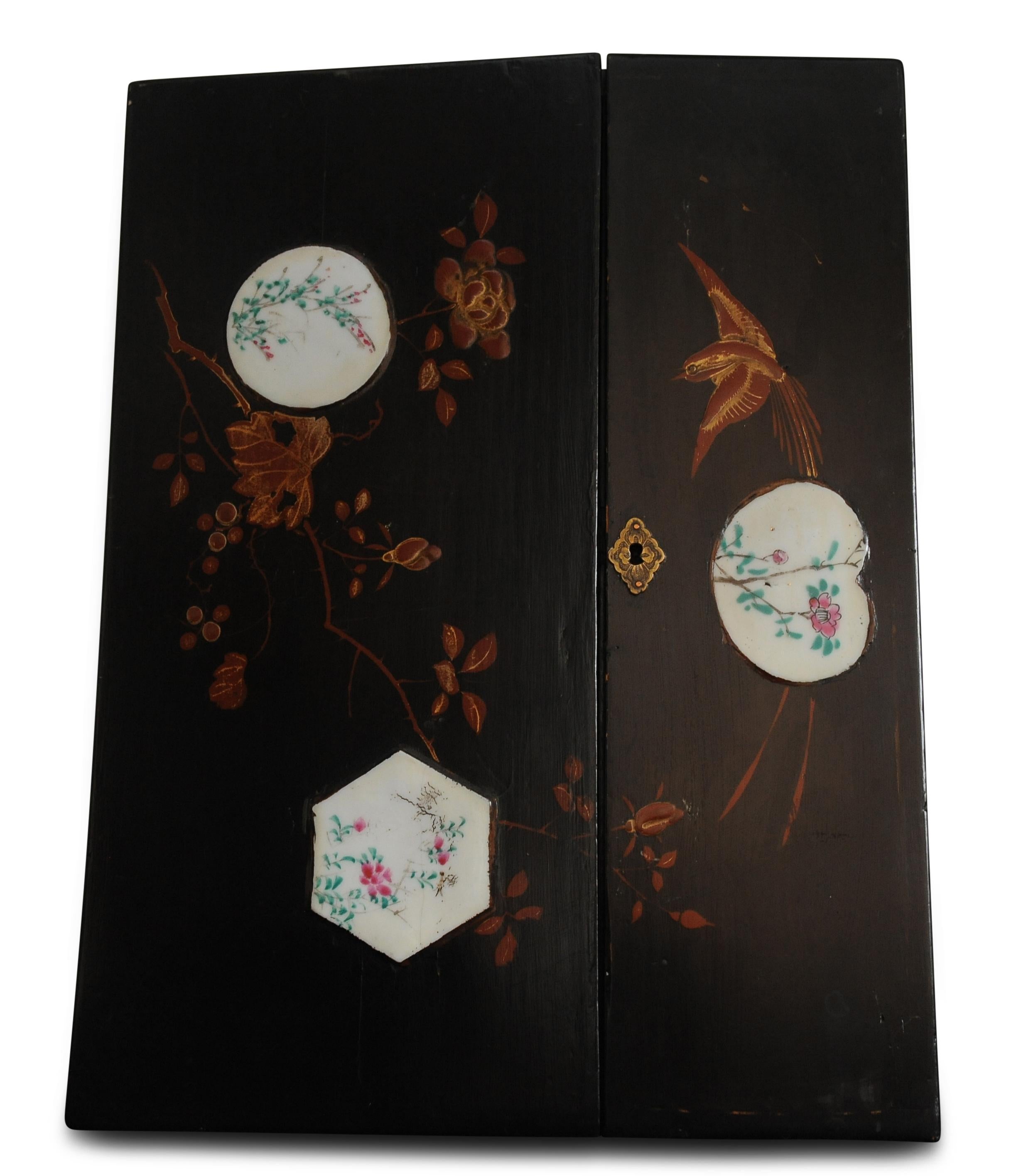 Hand-Crafted A Beautiful Victorian Japanned Writing Slope With Decorative Enamel Inlays For Sale