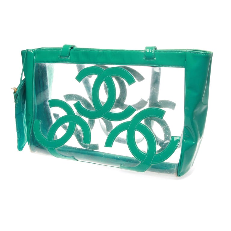 Vintage CHANEL Clear Vinyl & Turquoise Patent Leather CC Tote Bag
