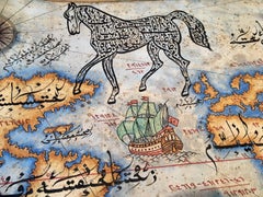 Beautifully Decorative Arabic World Map, 20th Century