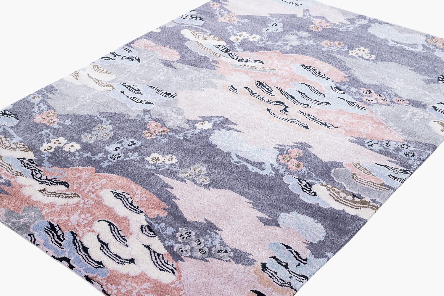 Modern Beautifully Muted Purple, Blue and Pink Silk and Wool Blend Rug