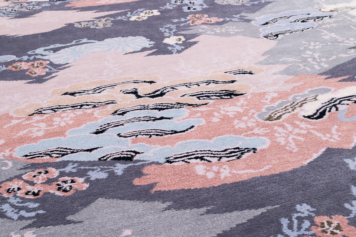 Hand-Woven Beautifully Muted Purple, Blue and Pink Silk and Wool Blend Rug