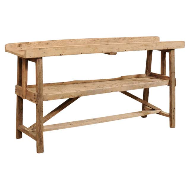19th Century Rustic Pine Work Table with Shelf, Console or Island For ...