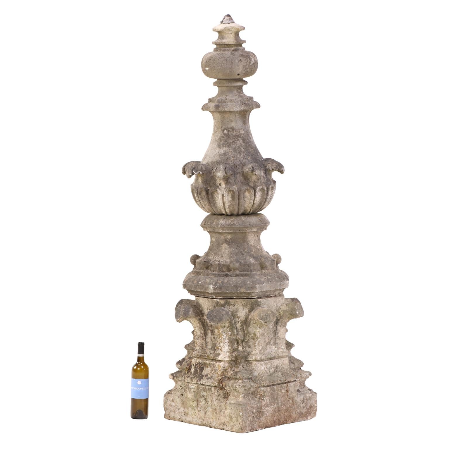 This finely detailed finial will be a stately addition to your garden or serve as a statement for your interior. The changing profile with its curves and the details make it an excellent centerpiece. The finial which ends in a square base could be
