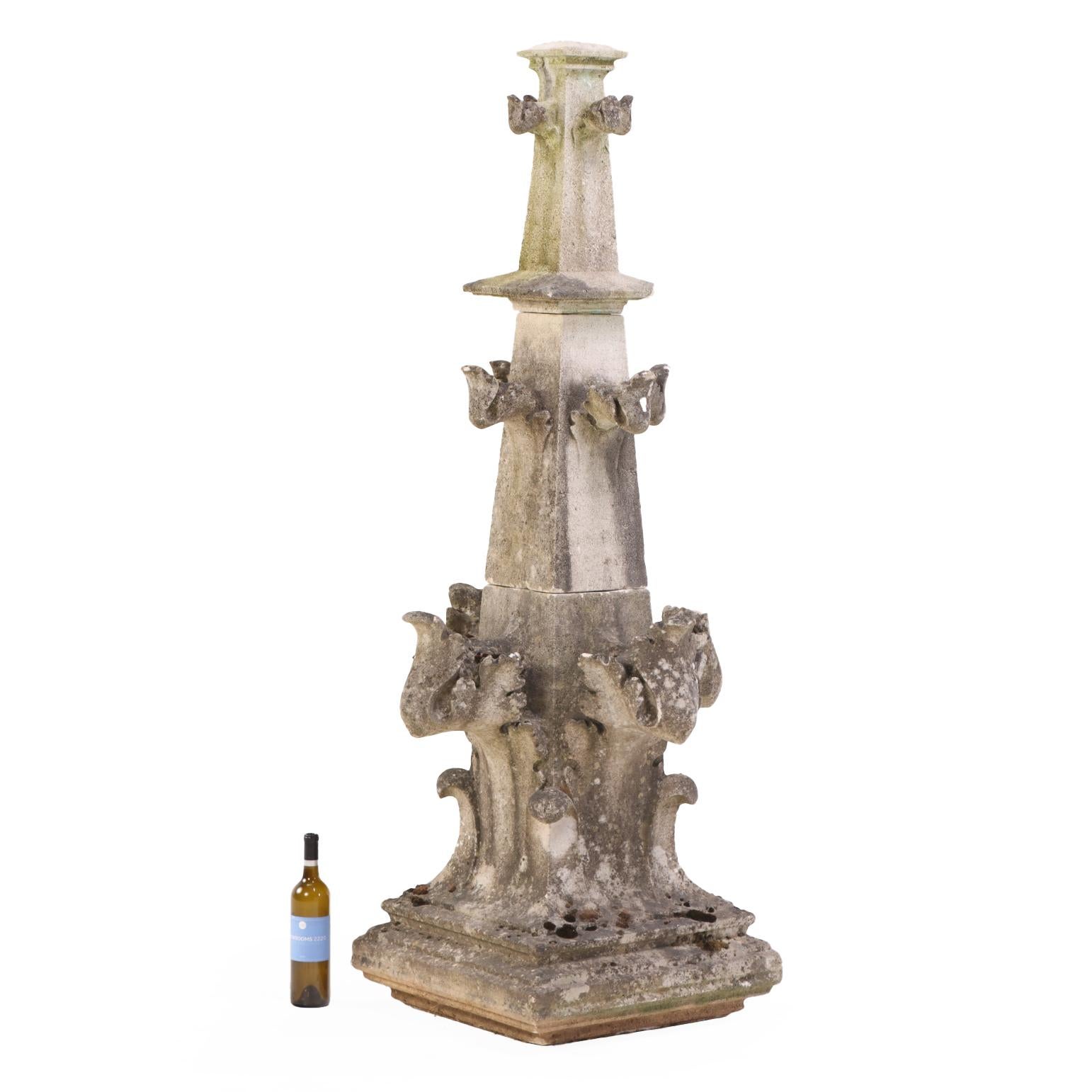 This finely detailed Gothic Revival finial or spire will be a stately addition to your garden or serve as a statement for your interior. The changing profile with its layers of foliate details make it an excellent centerpiece. The finial which ends