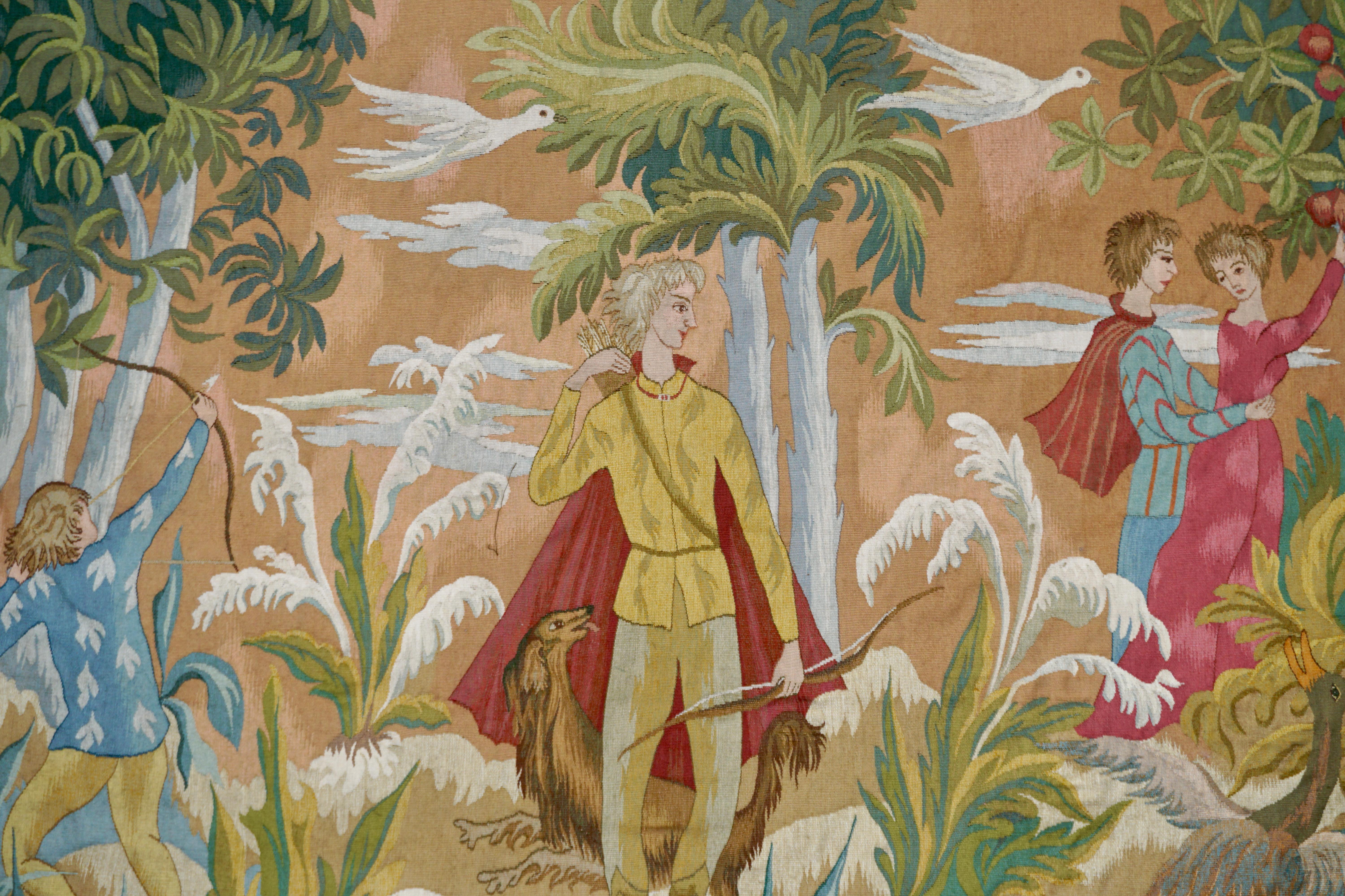 Finely worked in colored woolens and depicting hunters and two lovers, signed: 'J.V.D.VELDE'

Date;
c. 1950-70's

A charming tapestry in very good condition and representative of the mid-century decorative schemes.