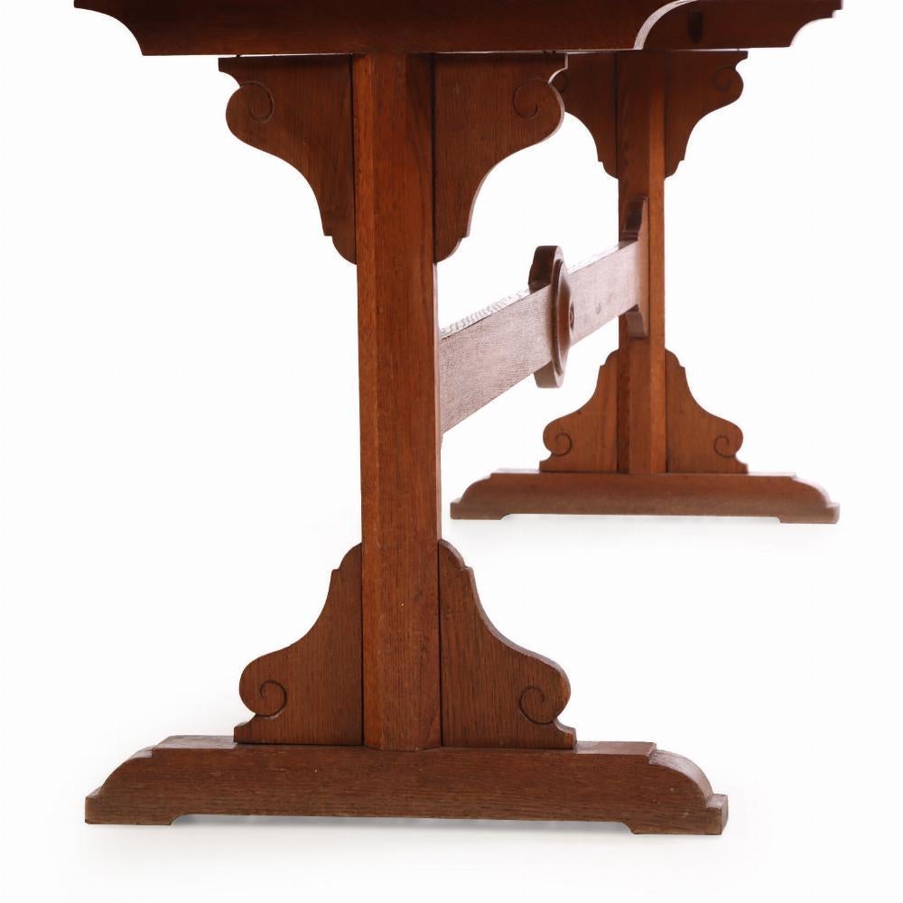 From a monastery, this striking and substantial trestle / console table, combines the traditional with elegant airy lines. Whether used as a dining table, or placed in an entryway, behind a sofa, or in a library, this 19th century table delivers