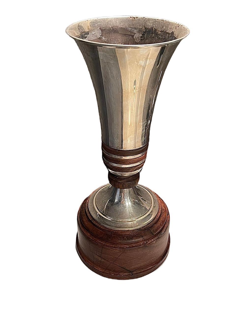 Hand-Carved Belgian Sterling Silver Vase on Wood Stand, by Brussels Wolfers, circa 1950 For Sale
