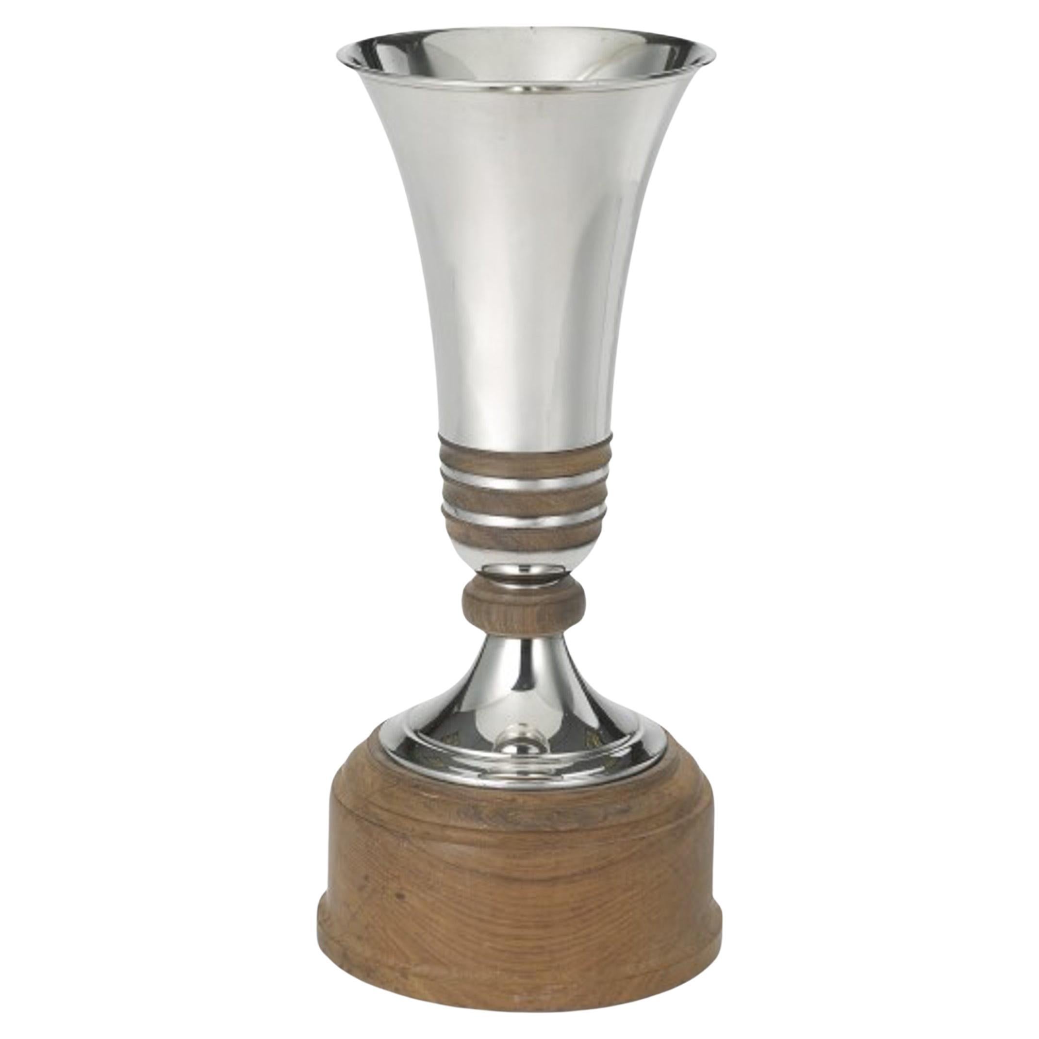 Belgian Sterling Silver Vase on Wood Stand, by Brussels Wolfers, circa 1950 For Sale