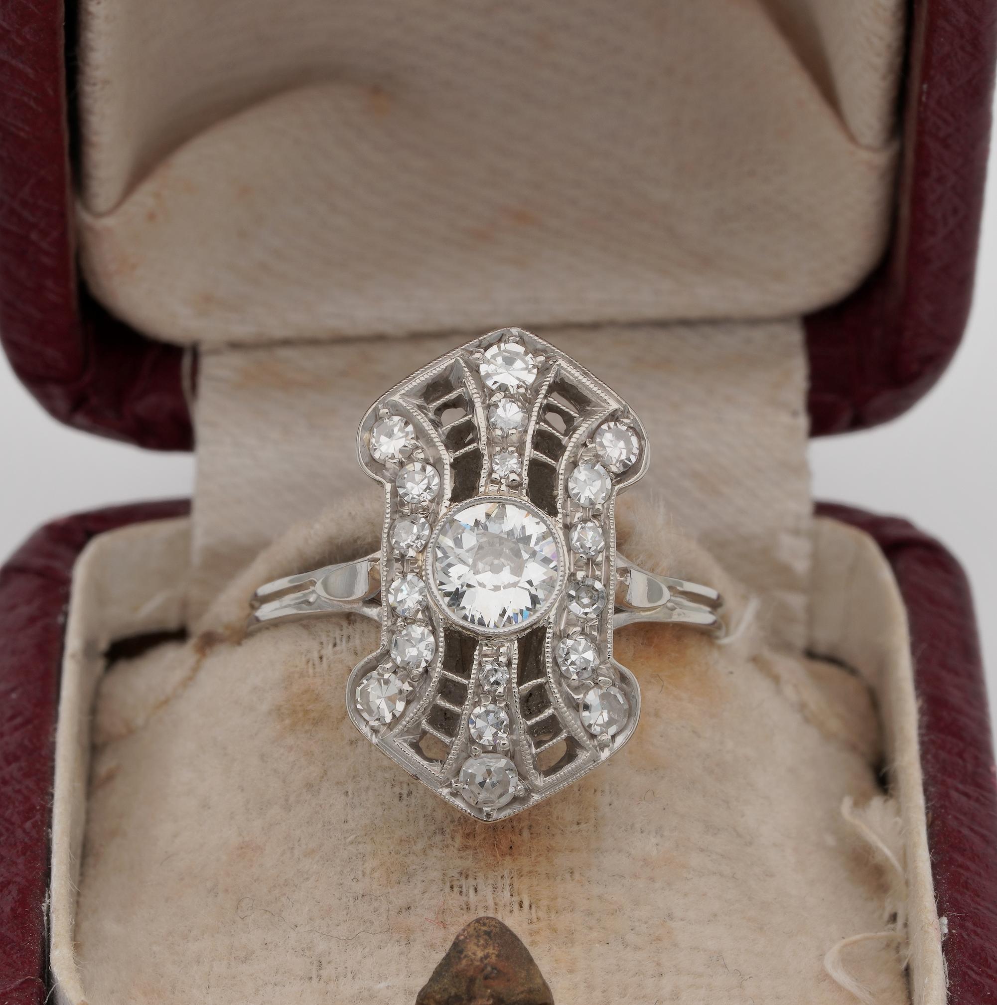This charming Belle Epoque ring is 1910 ca.
18 KT solid gold Platinum top
Elegant and precious openwork expressed at top level of workmanship typical of that era
Centre Diamond is a collect set old European cut of .40 Ct H VVS with further .50 Ct of