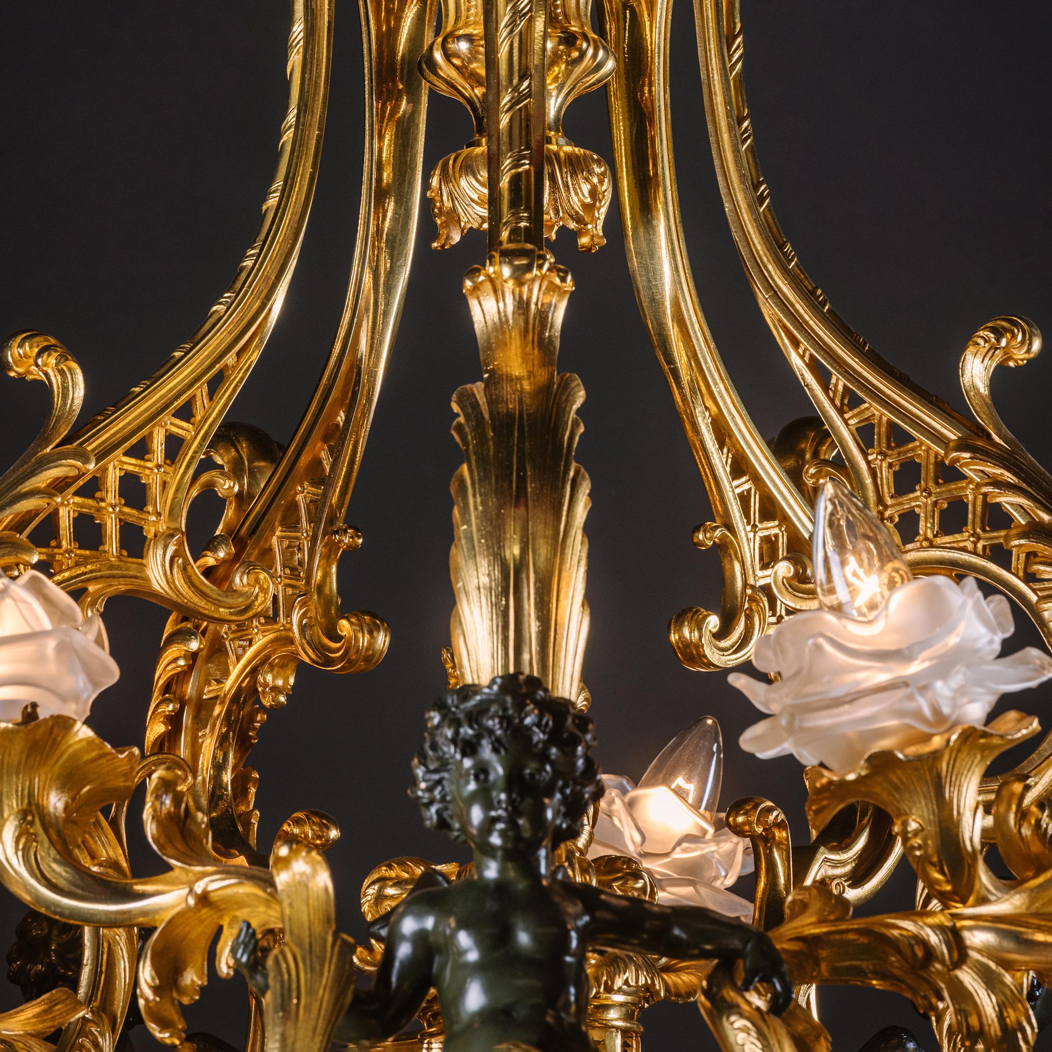 Belle Epoque Gilt and Patinated Bronze Twenty-One Light Chandelier For Sale 1