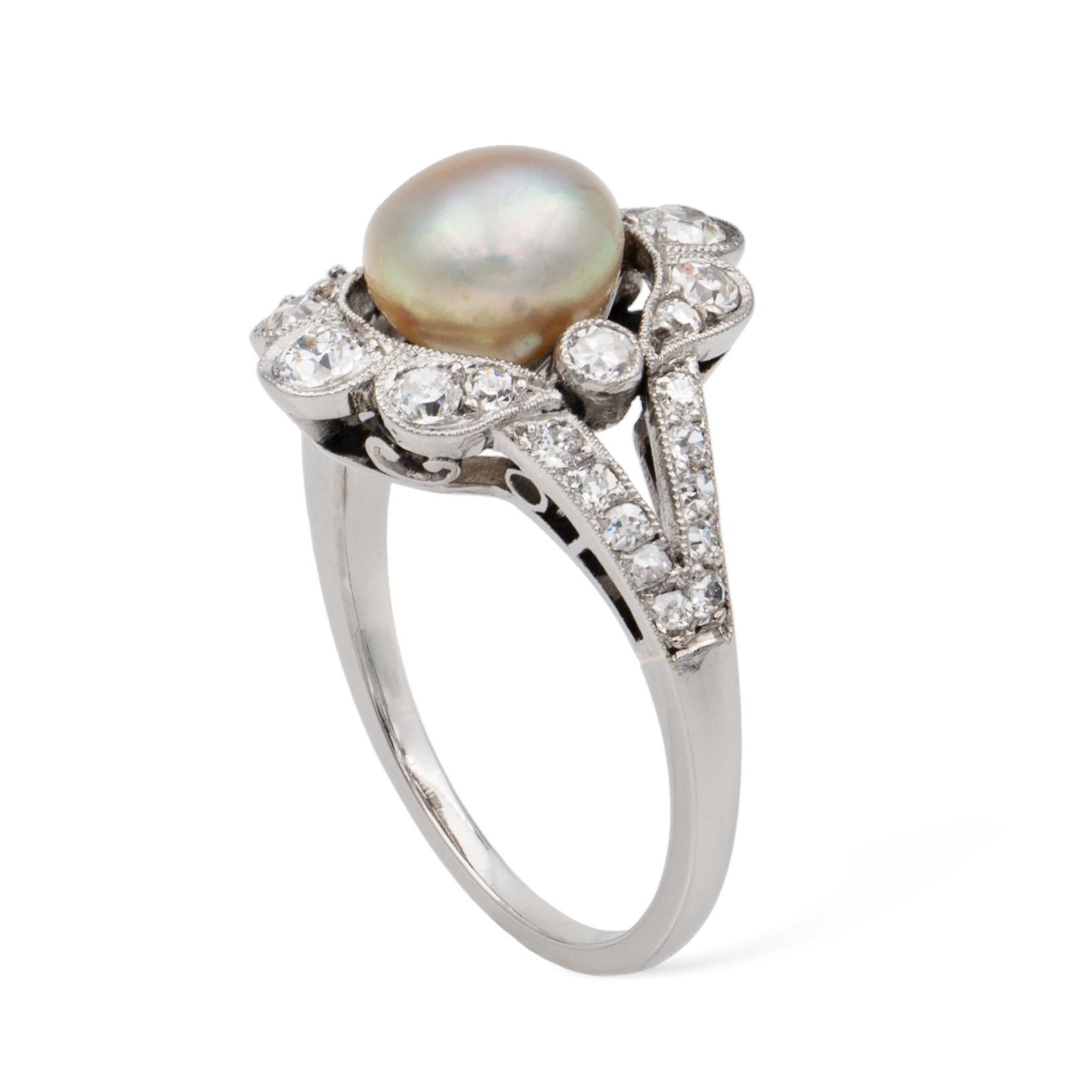 A Belle Époque natural pearl and diamond ring, to the centre a button-shaped pearl measuring 6.8 x 5.1mm, accompanied by GCS Report 79217-37 stating to be natural of saltwater origin, surrounded by old-brilliant and swiss-cut diamonds, to split