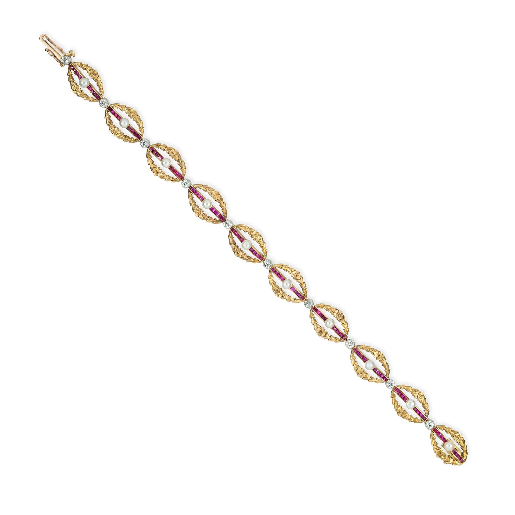 A Belle Époque ruby, diamond and pearl bracelet, consisting of ten links each with a calibre-cut ruby set bar centrally set with a pearl, to openwork floral garland decorations, with single old-cut diamond-set collects, total diamond weight