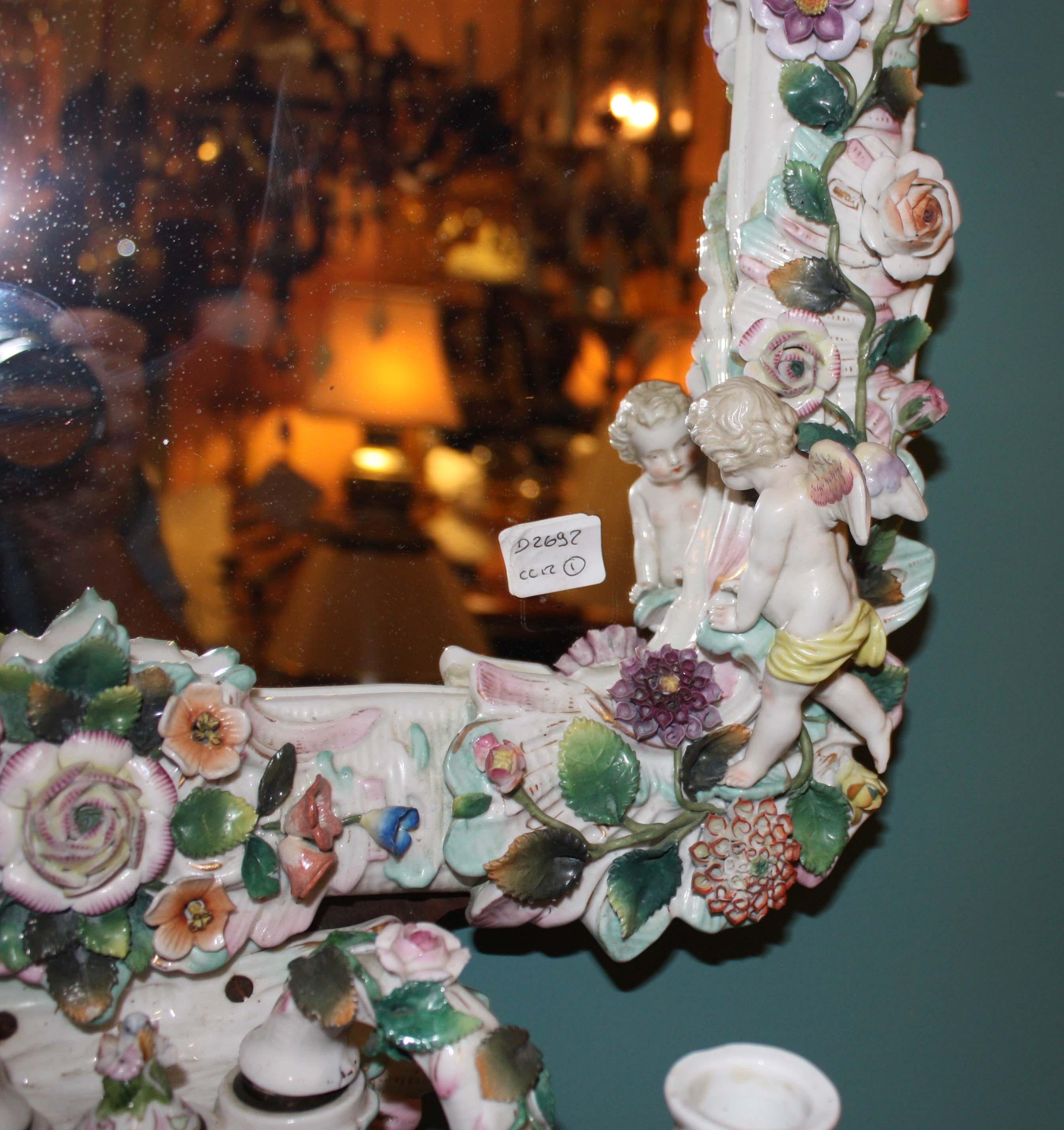 Belle Époque Sitzendorf Porcelain-Mounted Mirror, Encrusted with Flowers For Sale 6