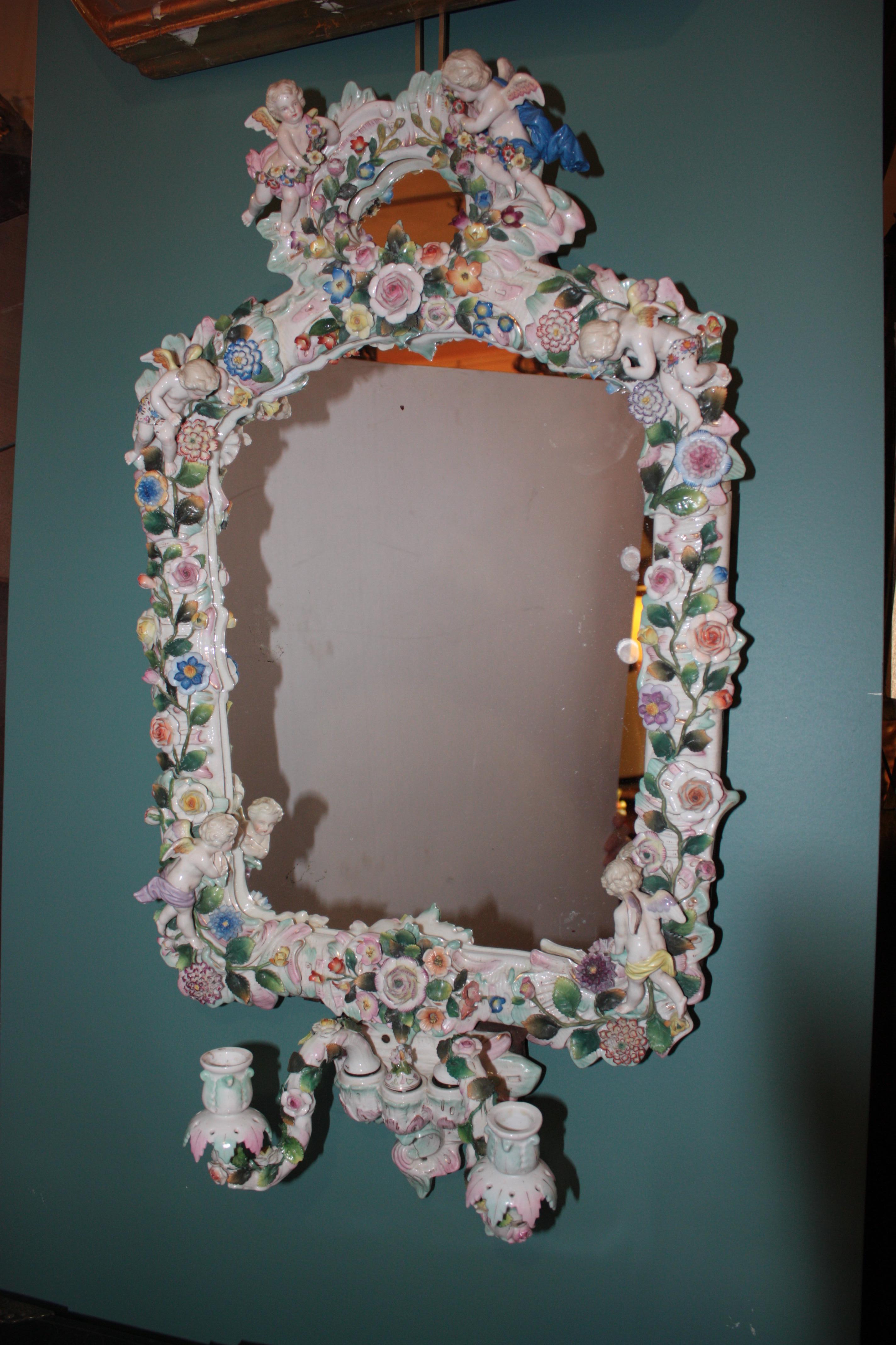 German Belle Époque Sitzendorf Porcelain-Mounted Mirror, Encrusted with Flowers For Sale