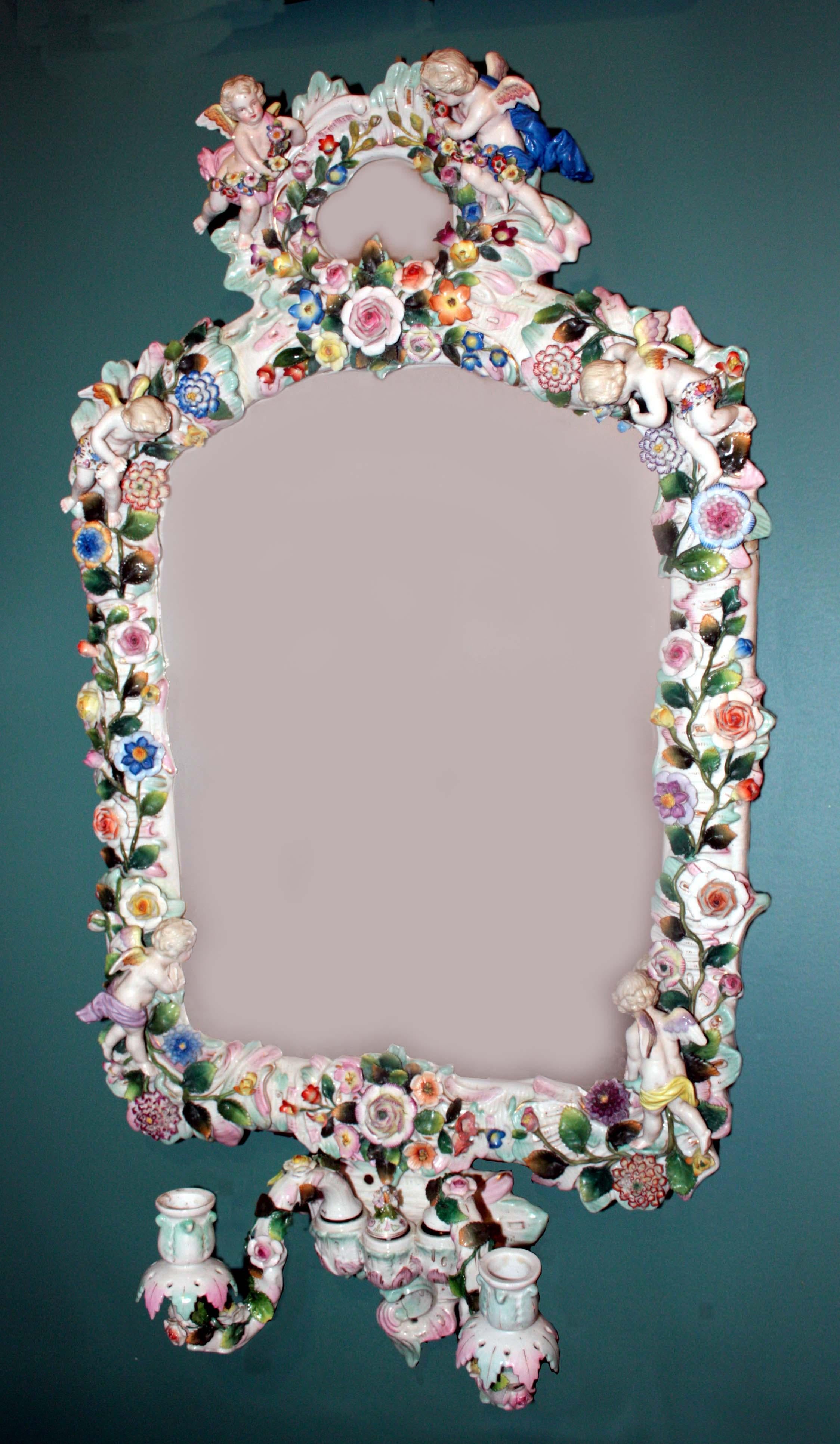 19th Century Belle Époque Sitzendorf Porcelain-Mounted Mirror, Encrusted with Flowers For Sale