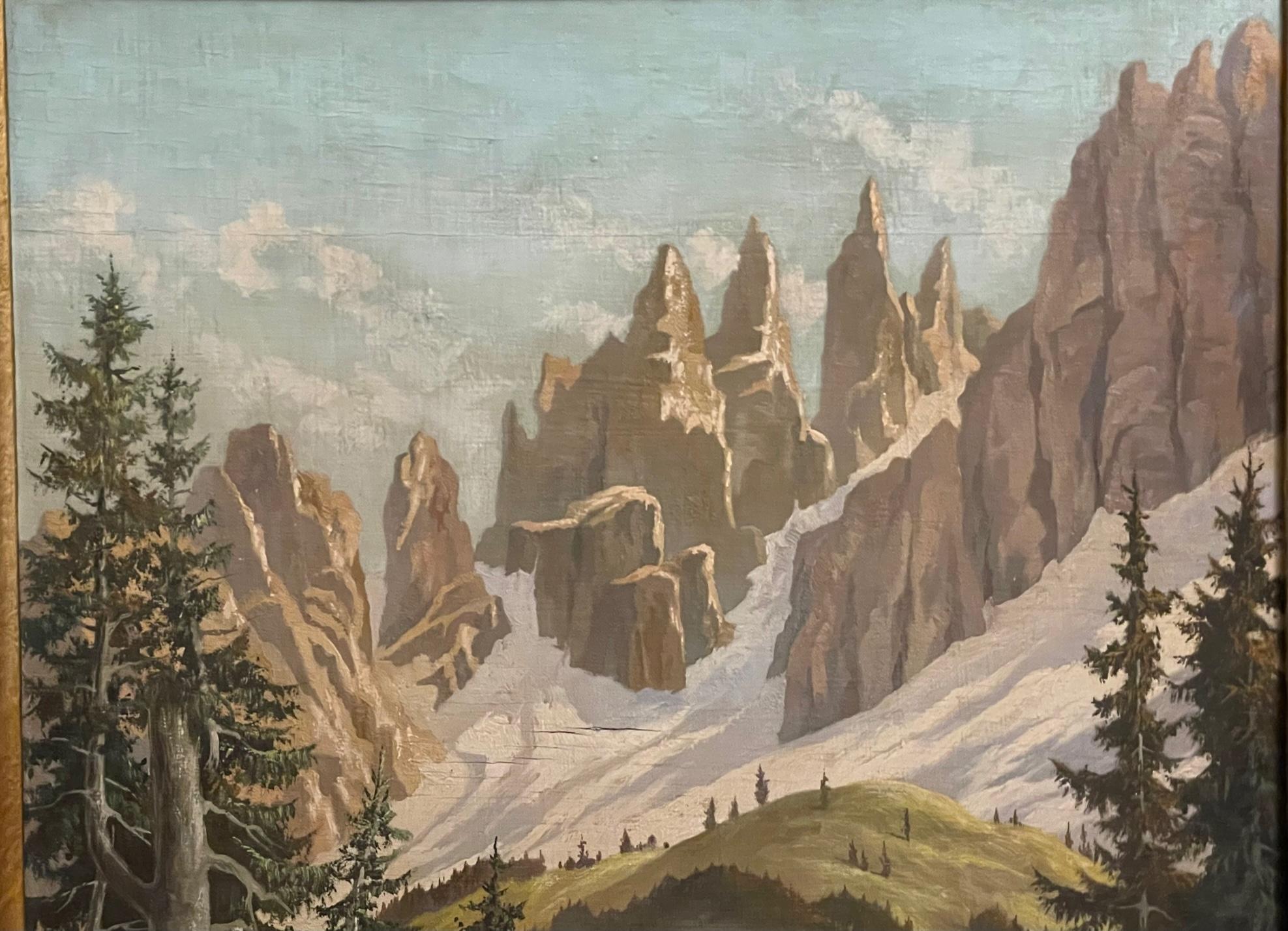 Mid-Century Bavarian Alpine mountain painting signed by A. Berger, attributed to Albert Berger (1883-1952). Plein air painting in Bavaria from 1940s, purchased in the American sector post World War II, in Munich and by descent within the family. 