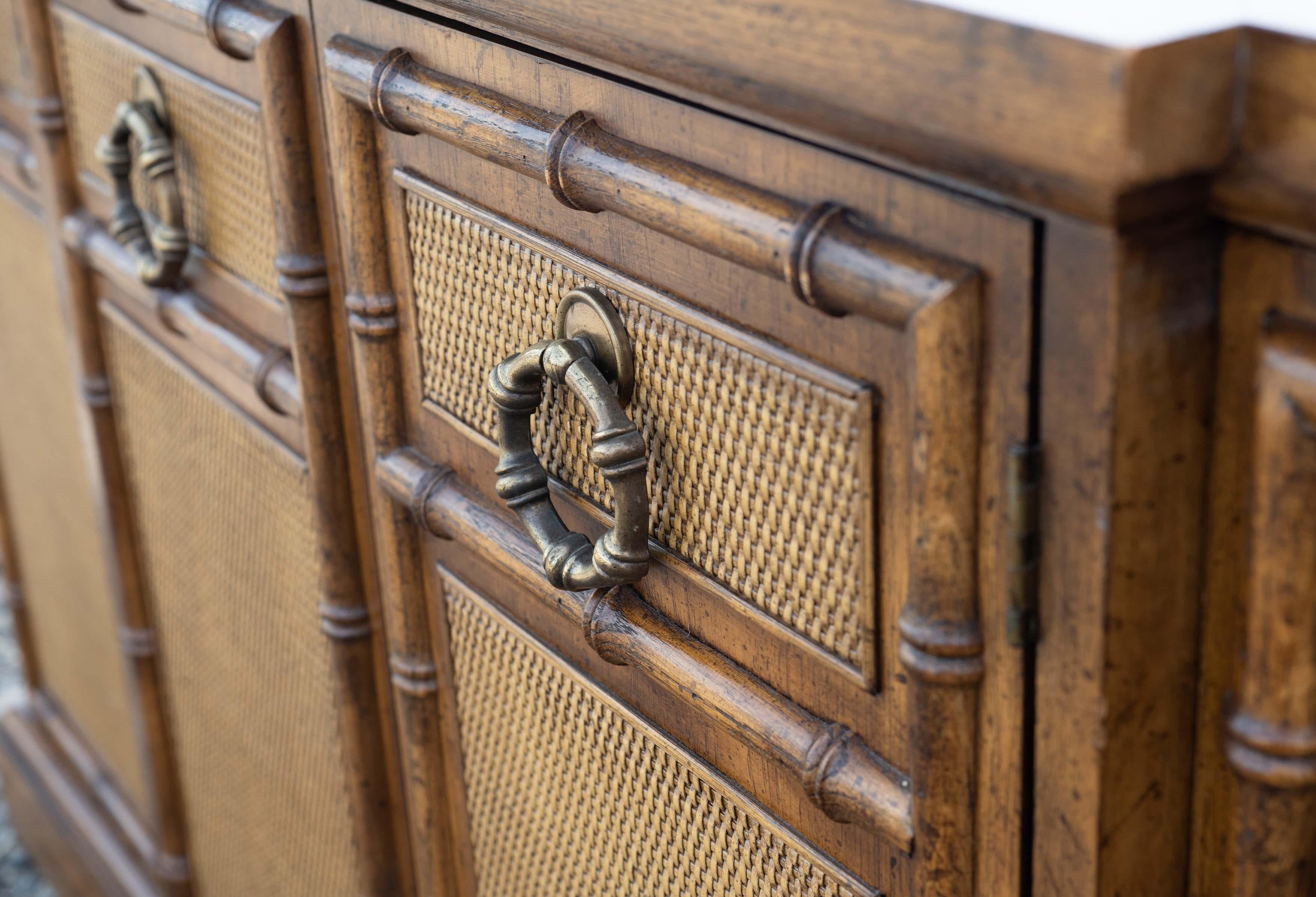 20th Century Faux Bamboo Cane And Brass Handled Sideboard by American of Martinsville For Sale