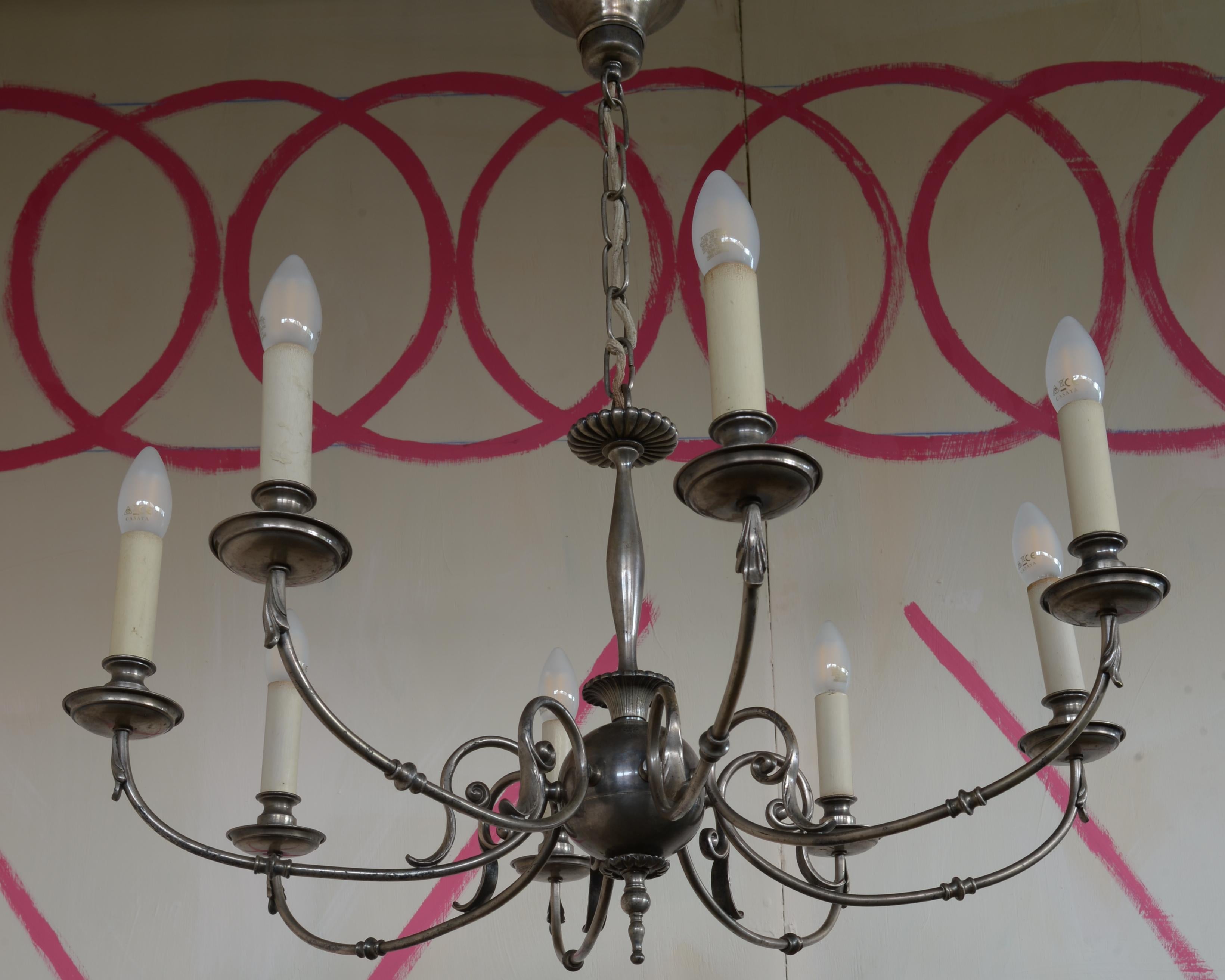A Berlin Deko Eight Light Chandelier Made of a Silver Toned Alloy in vendita 2