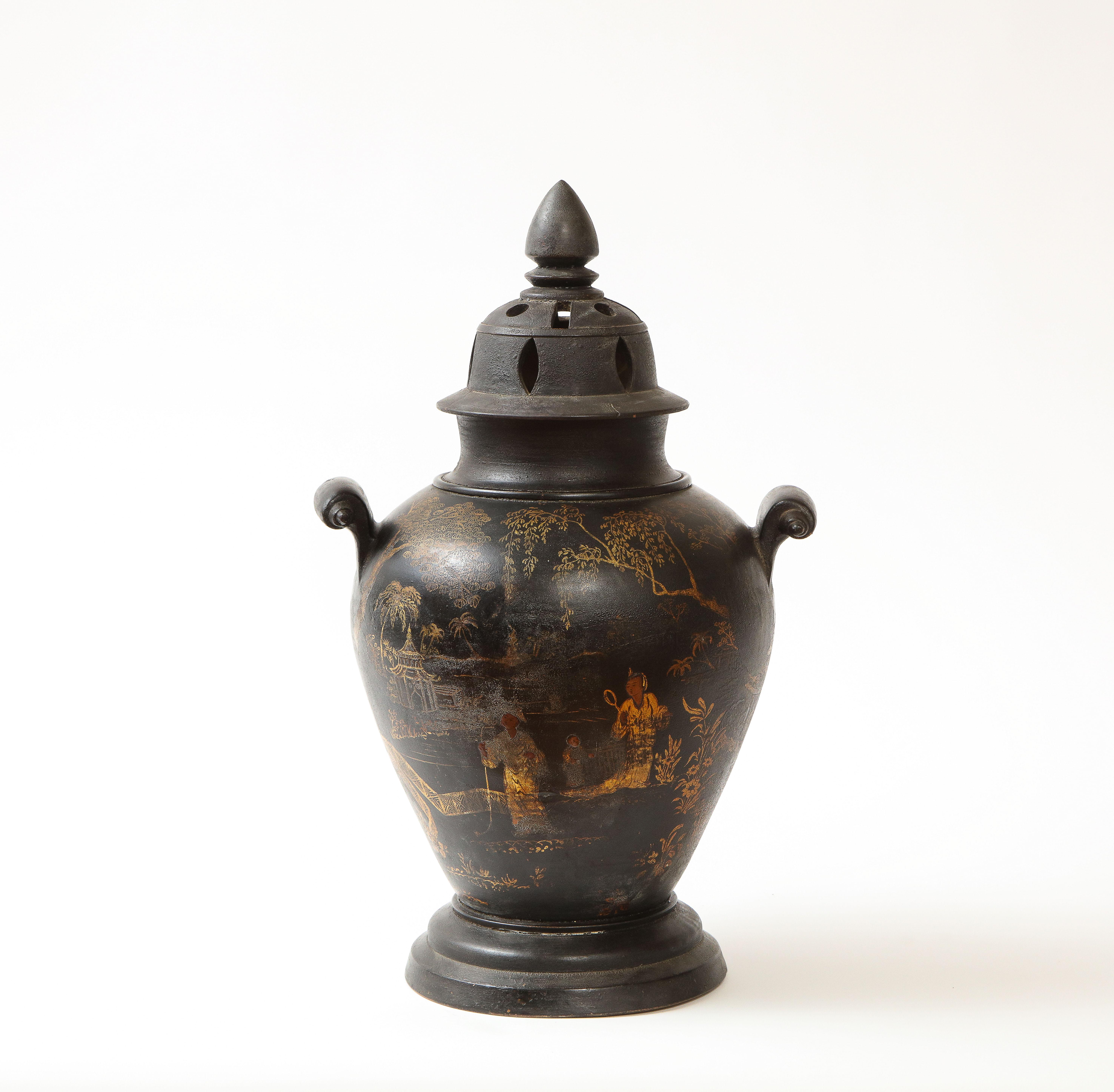 German Berlin Faience Black Chinoiserie Covered Urn For Sale