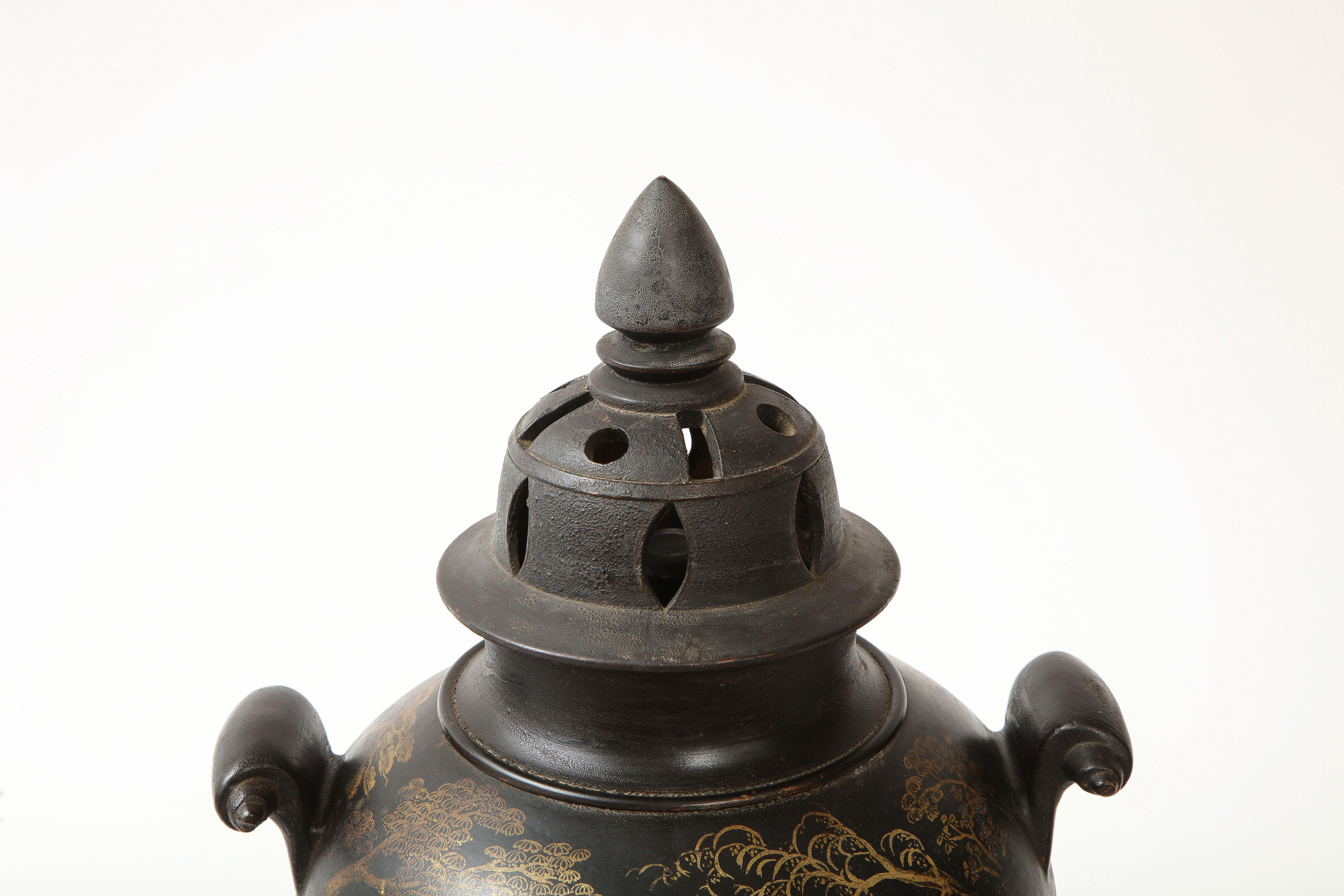 Hand-Painted Berlin Faience Black Chinoiserie Covered Urn For Sale