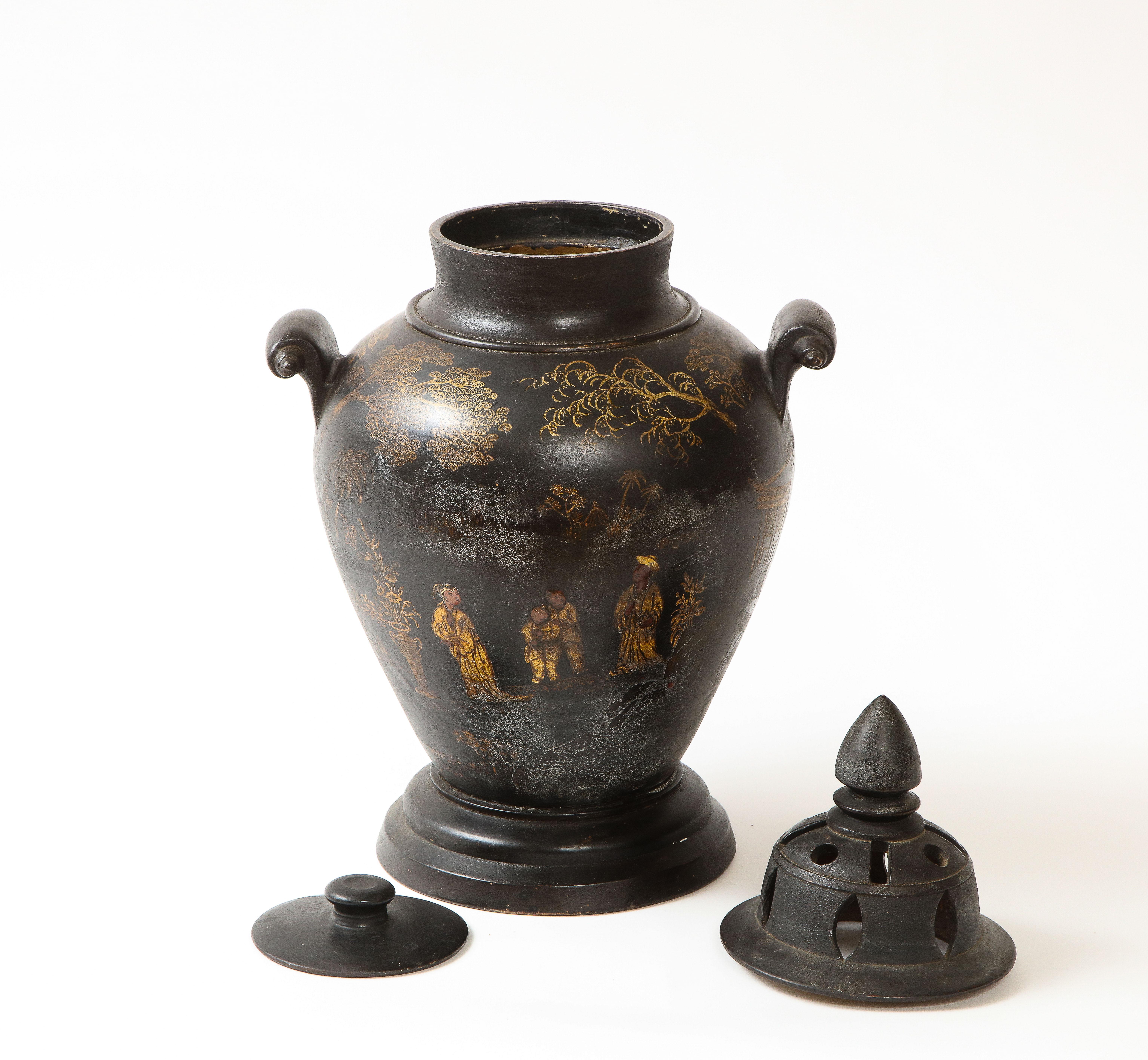 Berlin Faience Black Chinoiserie Covered Urn In Good Condition For Sale In New York, NY