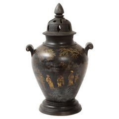 Berlin Faience Black Chinoiserie Covered Urn