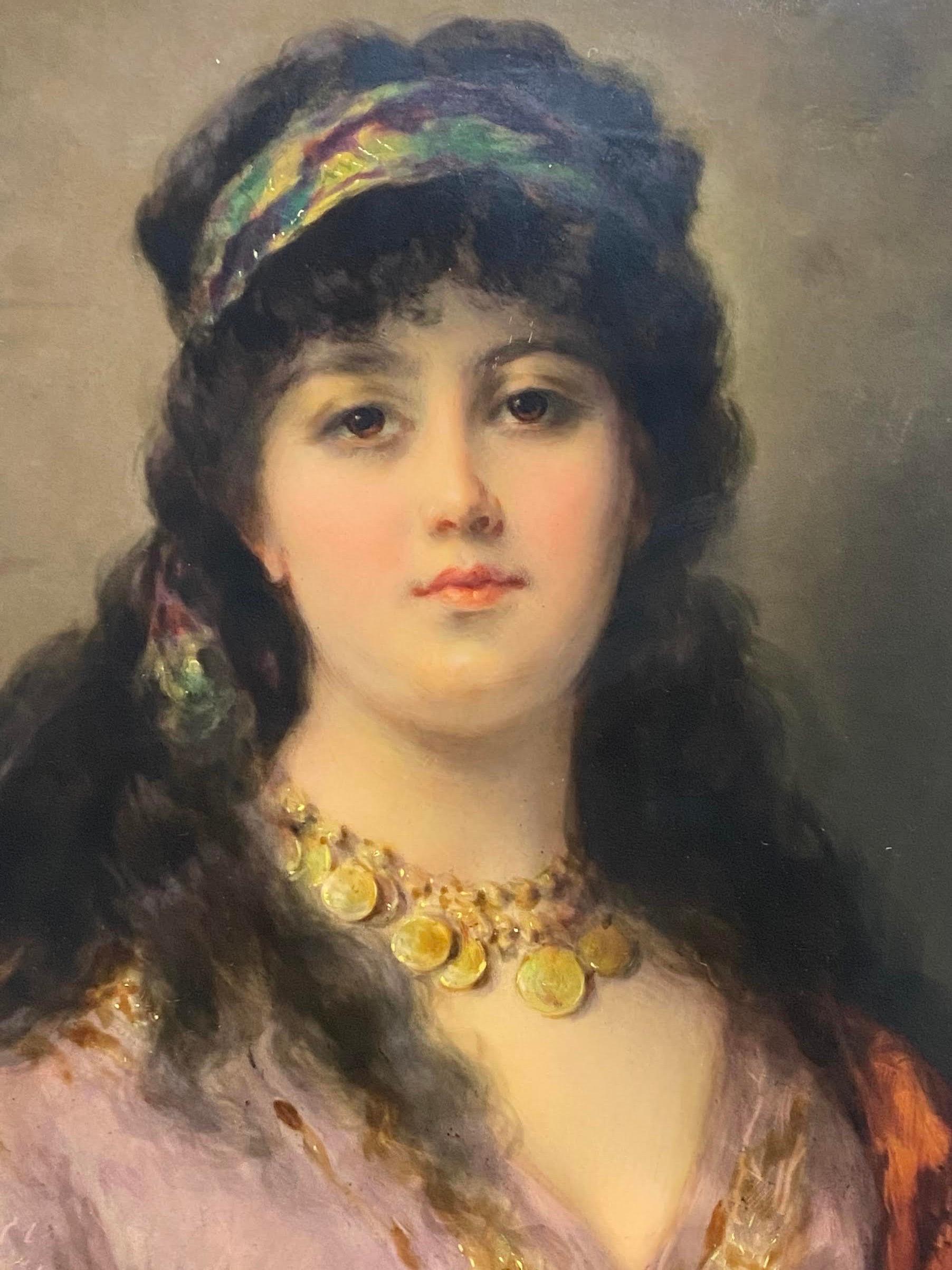 A KPM porcelain plaque depicting Biancchina, 'The Gipsy Queen' after Nathaniel Sichel. The finely painted rectangular plaque impressed with the KPM mark on the back and signed T. Dietrich l/l.

Nathaniel Sichel (1843-1907) was a popular and