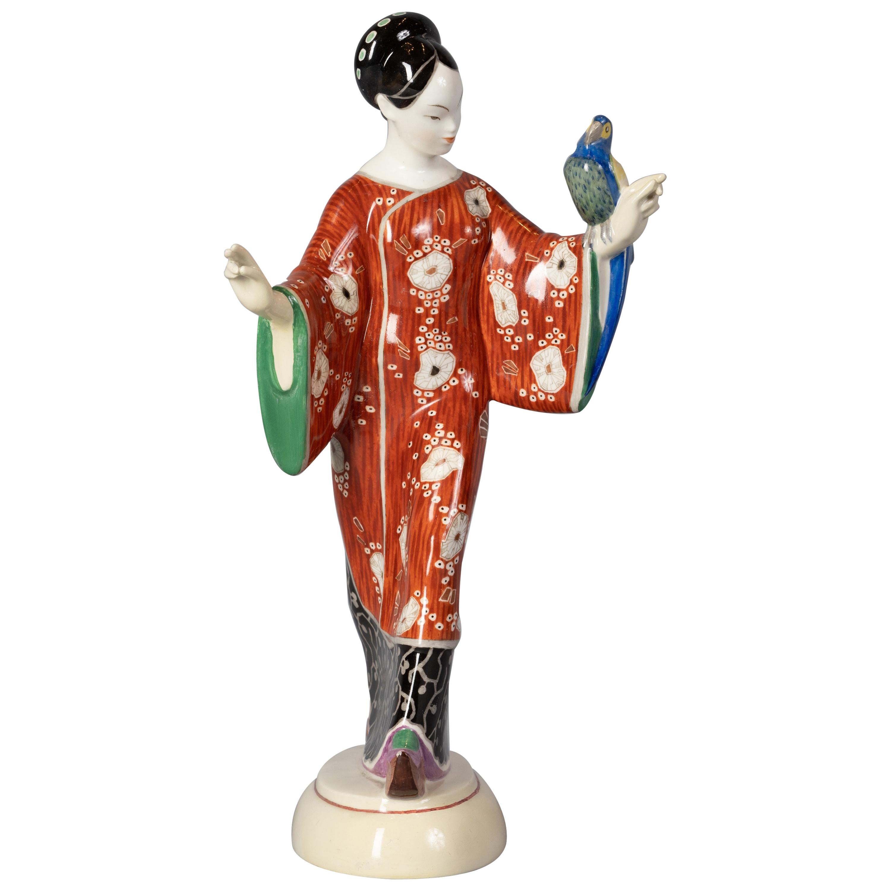Mid Century Ceramic Chinese Kneeling Lady with COCKATOO Bird on Her Schoulder FIGURINE