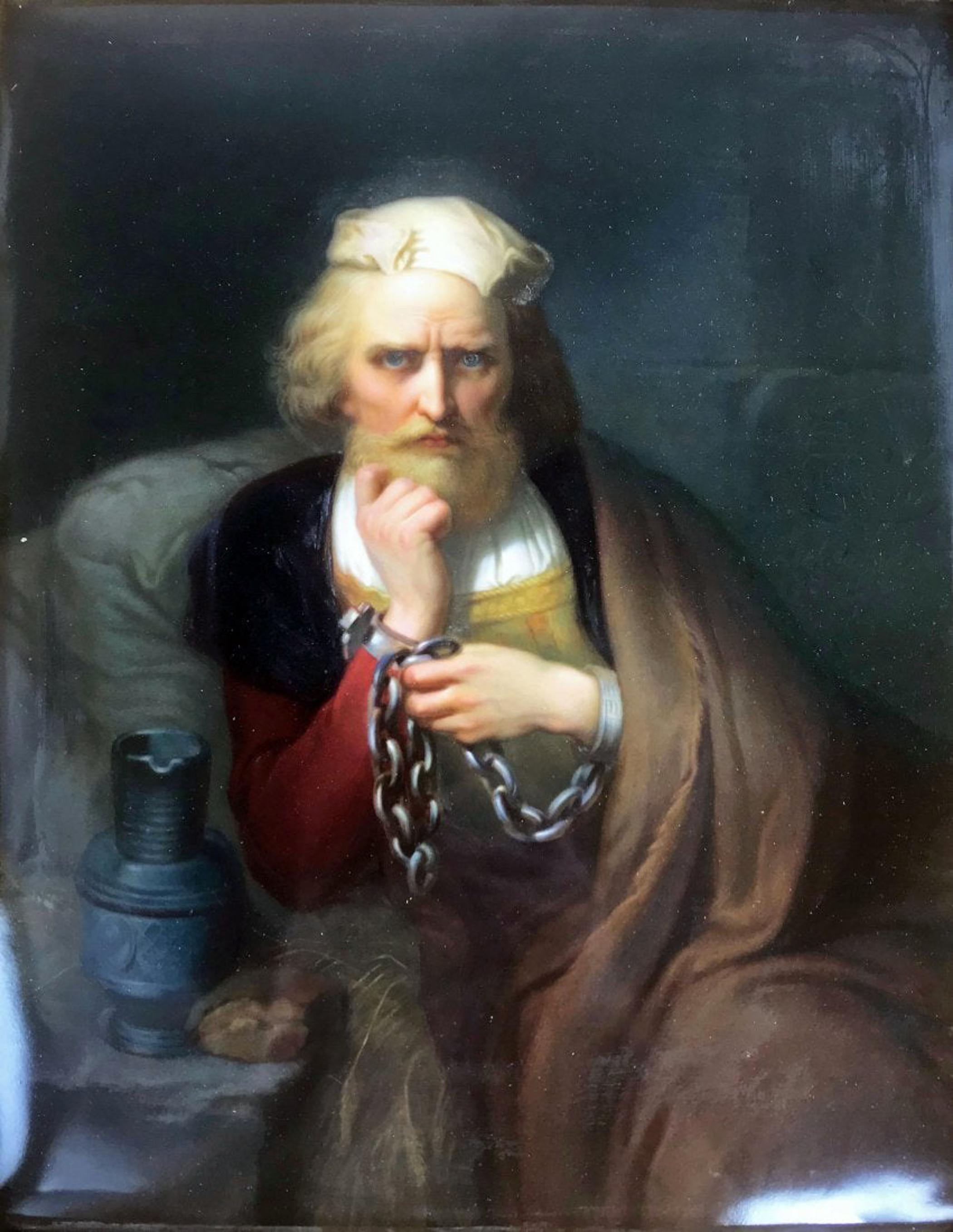After Gustaaf Wappers (1803-1874)
Christopher Columbus in chains
A Berlin (K.P.M.) Porcelain Plaque, circa 1870
painted with a bearded Christopher Columbus in a cloak with his hands bound in chains
impressed to verso KPM with sceptre mark
Size