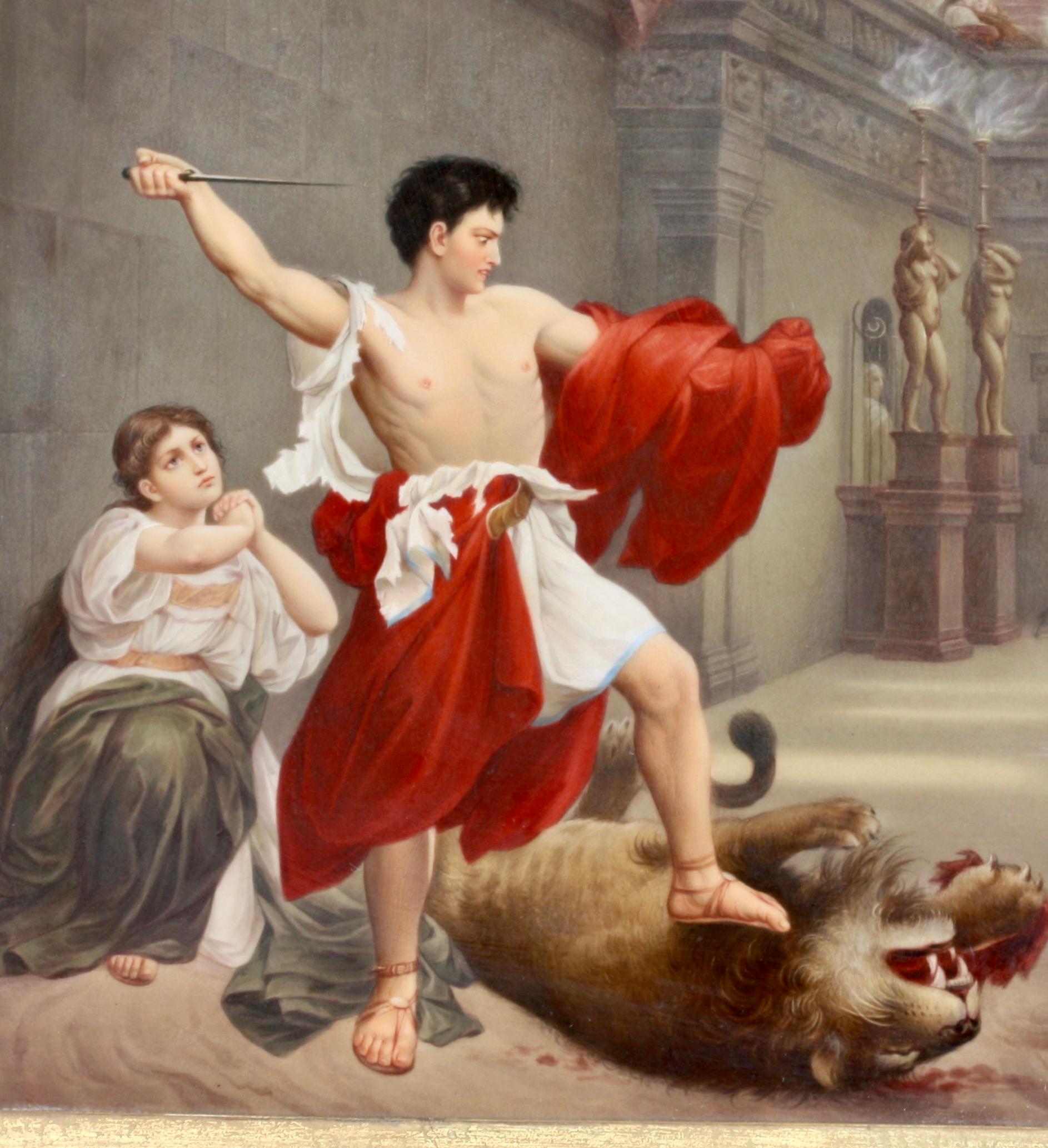 A Berlin (K.P.M.) porcelain plaque,
Late 19th century
finely painted after Defregger with a man fighting lions in ancient Rome
impressed to verso KPM with sceptre mark
Size with frame
Height 17.0 in. (43.18 cm.)
Width 19.5 in. (49.53