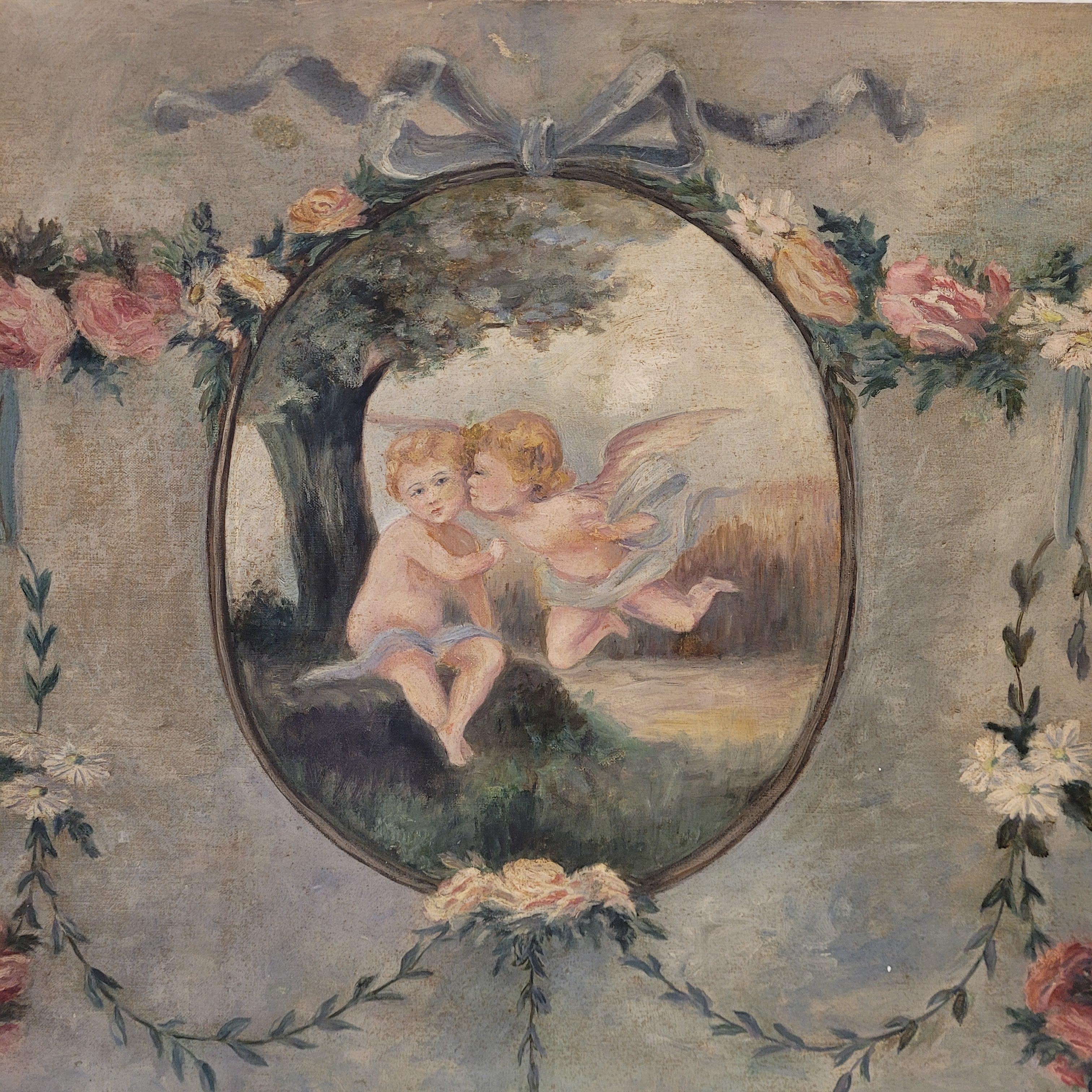 Art Nouveau Pair of oil paintings on canvas of cherubs or little angels playing im Angebot 13