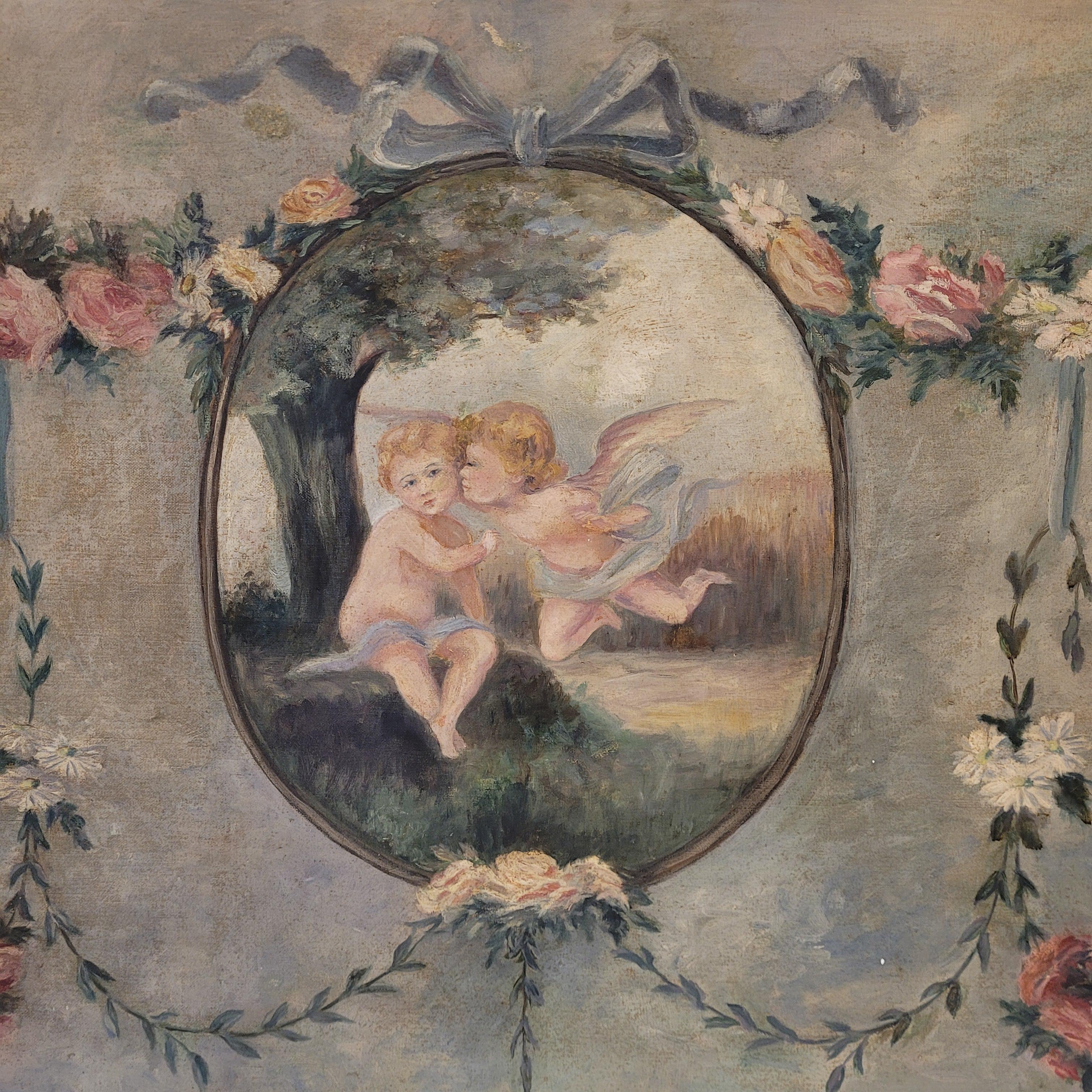 Art Nouveau Pair of oil paintings on canvas of cherubs or little angels playing im Angebot 14