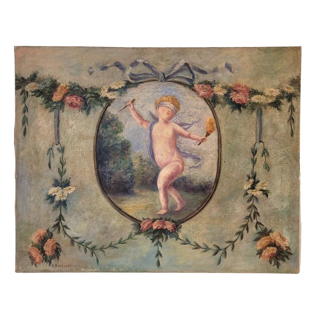 Art Nouveau Pair of oil paintings on canvas of cherubs or little angels playing (Art nouveau), Painting, von A. Berthault