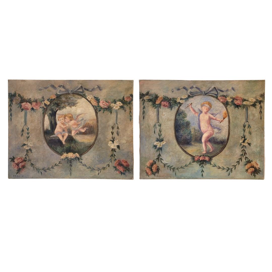 Art Nouveau Pair of oil paintings on canvas of cherubs or little angels playing (Braun), Figurative Painting, von A. Berthault