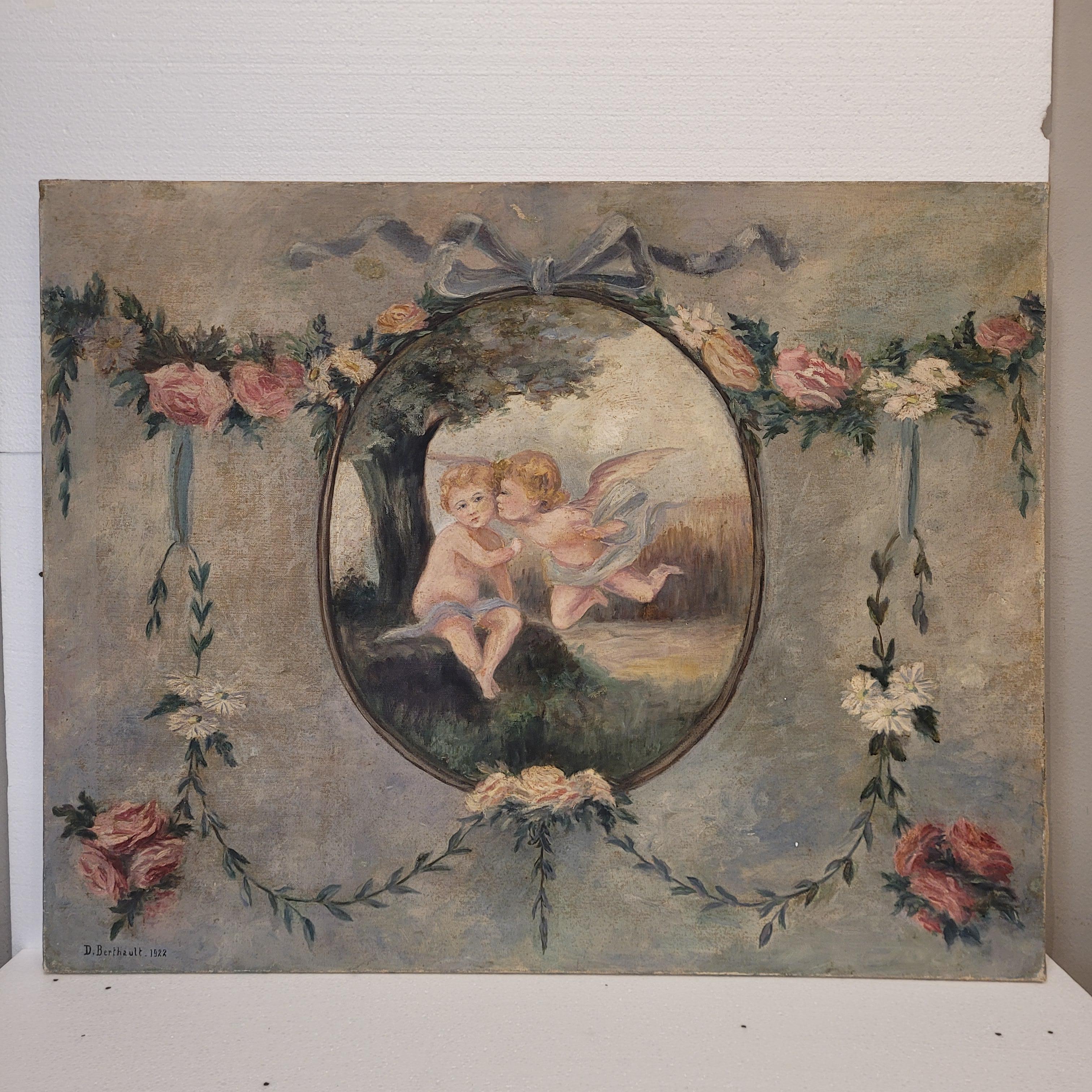 Art Nouveau Pair of oil paintings on canvas of cherubs or little angels playing im Angebot 1
