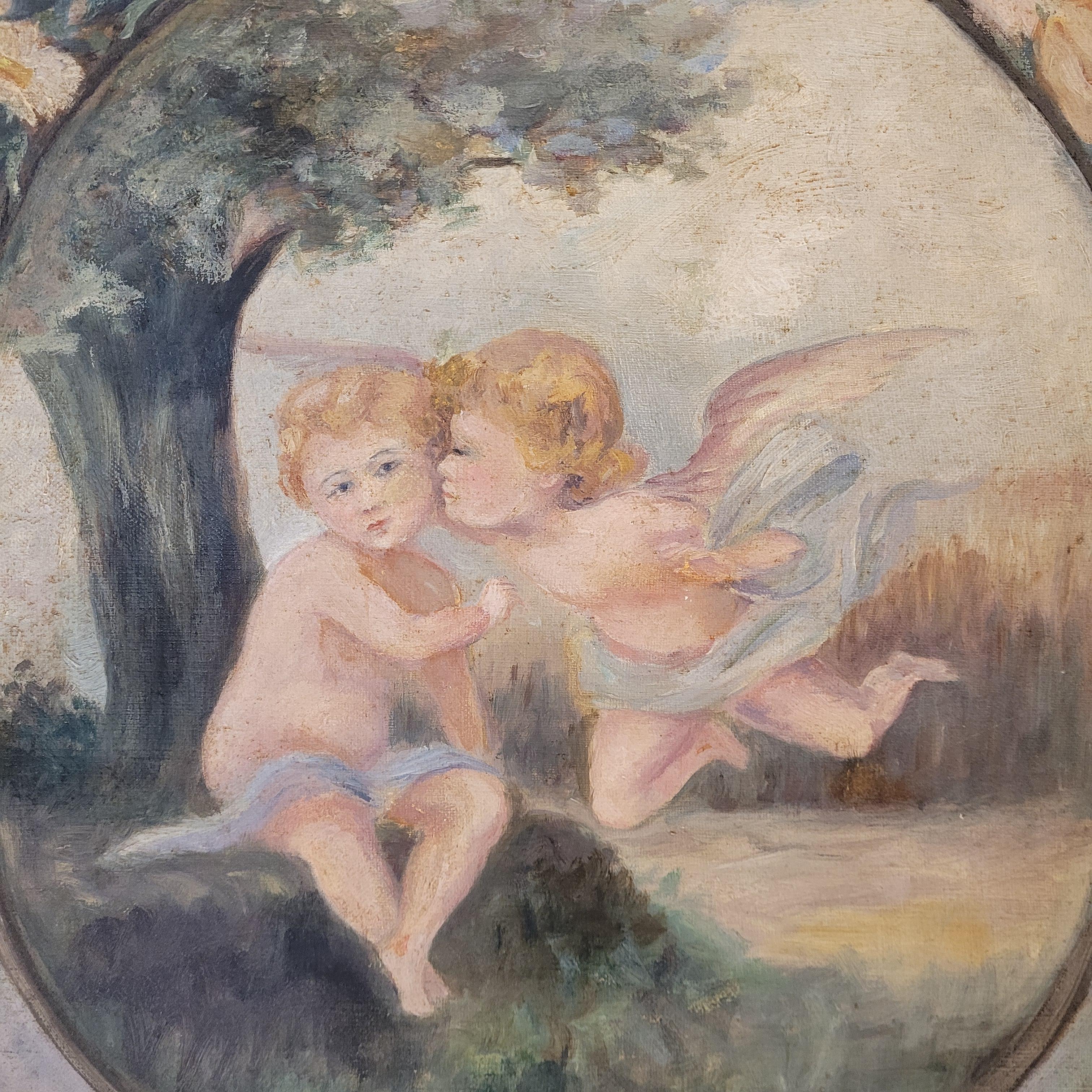 Art Nouveau Pair of oil paintings on canvas of cherubs or little angels playing im Angebot 2