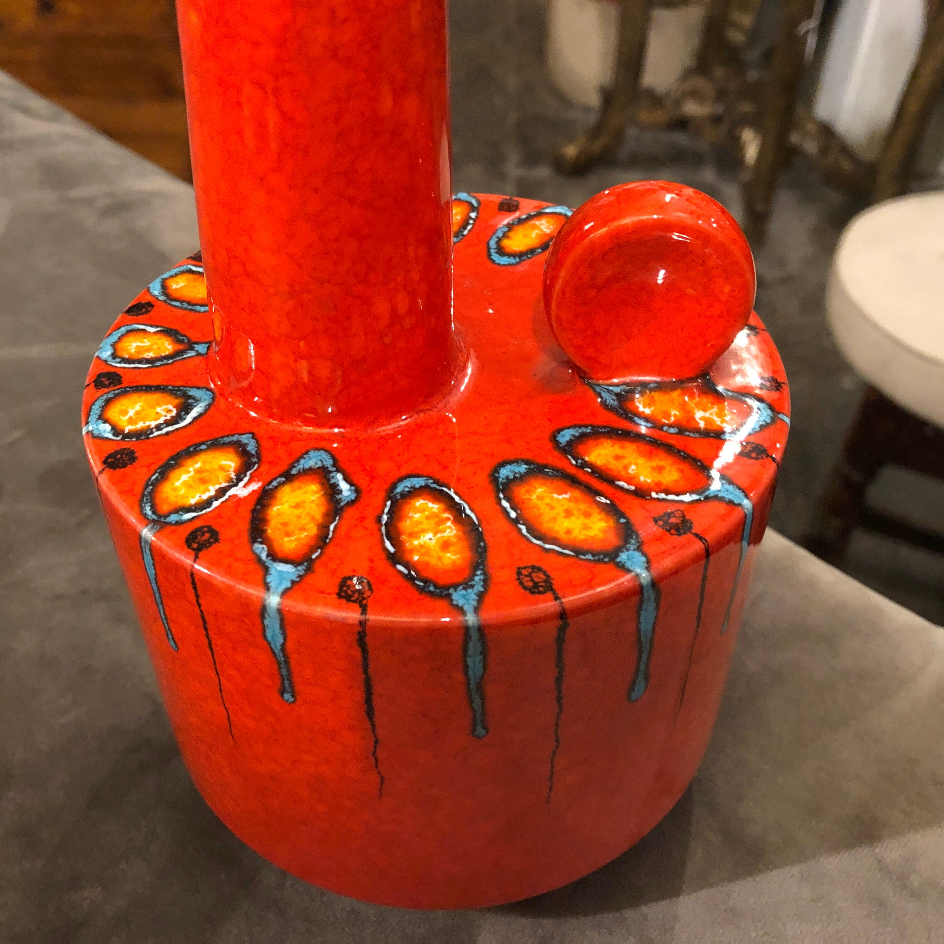 A very particular red ceramic with multicolored decoration made by Bertoncello in the 1980s. It's in perfect conditions.