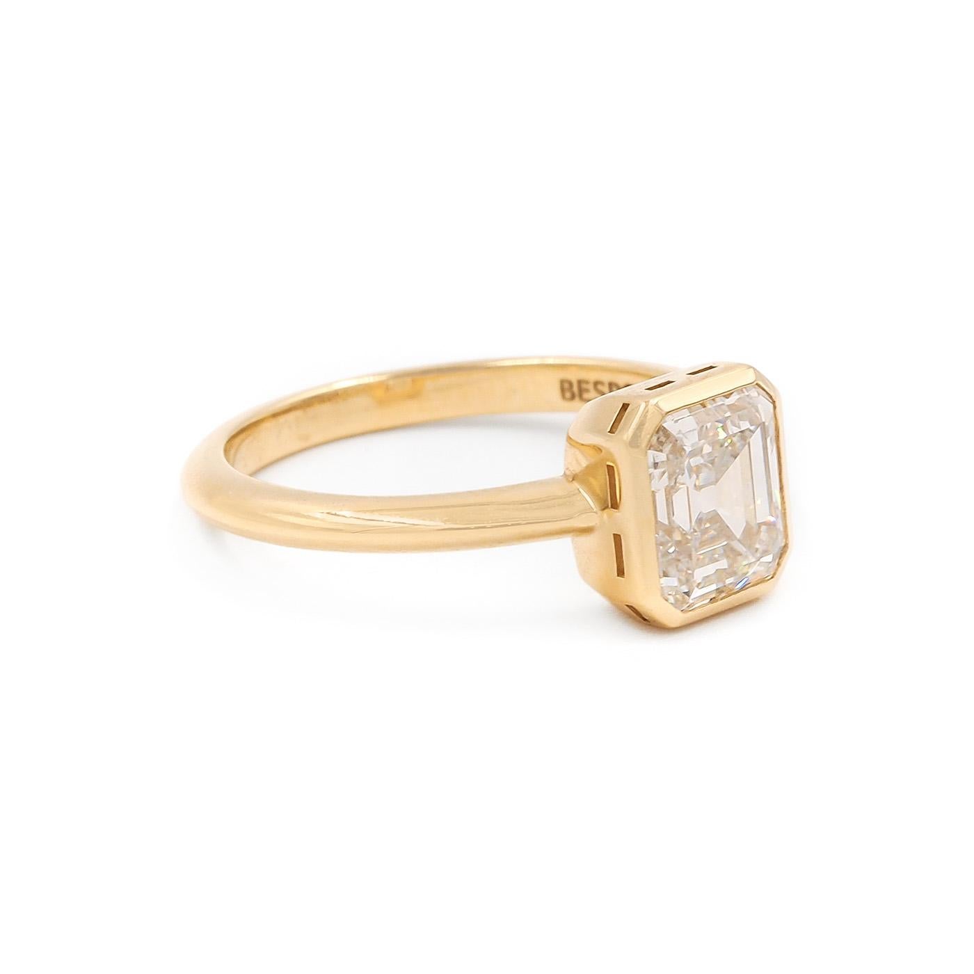 2.09 Carat Emerald Cut Diamond Solitaire Engagement Ring from The Bespoke by Platt Collection, composed of 18k yellow gold. The 2.09 Carat Antique Emerald Cut diamond is GIA certified H color & VS2 clarity. The diamond is set vertically within a