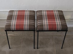 Bespoke Pair of Black Iron Stools with Plaid Upholstery