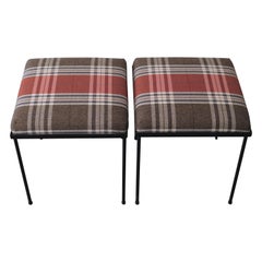 Bespoke Pair of Black Iron Stools with Plaid Upholstery