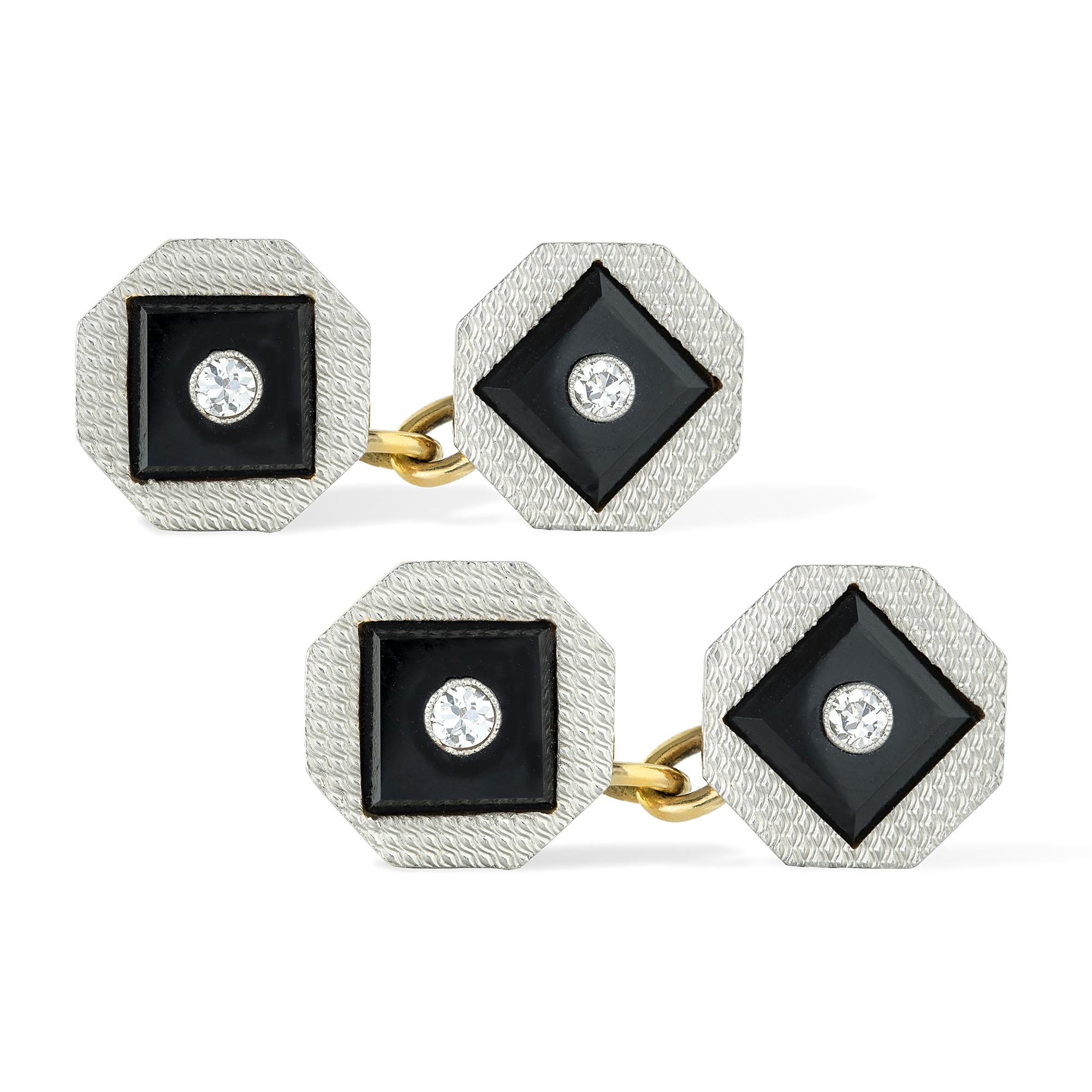 A Festival of Britain style onyx and diamond dress set, consisting of a pair of shirt studs, four buttons with yellow gold fittings and a pair of cufflinks, each octagonal-shaped plaque set with an onyx face and a round brilliant-cut diamond