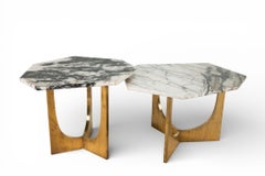 A Bi-Level Stone and Brass Coffee Table Set