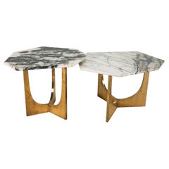 A Bi-Level Stone and Brass Coffee Table Set