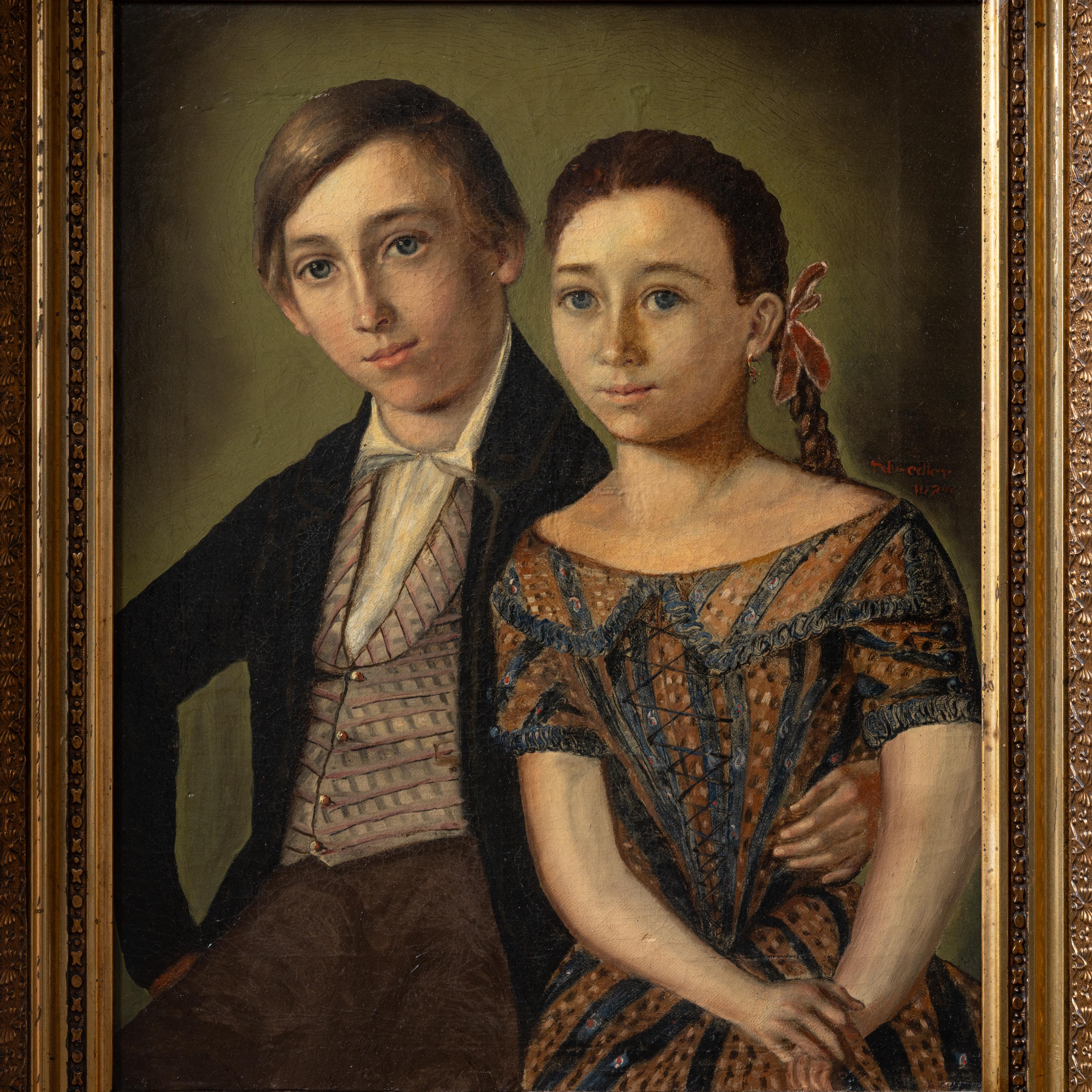 Metà XIX secolo A Biedermeier Portrait Of Children by Robert Schwedler, 1845 in vendita