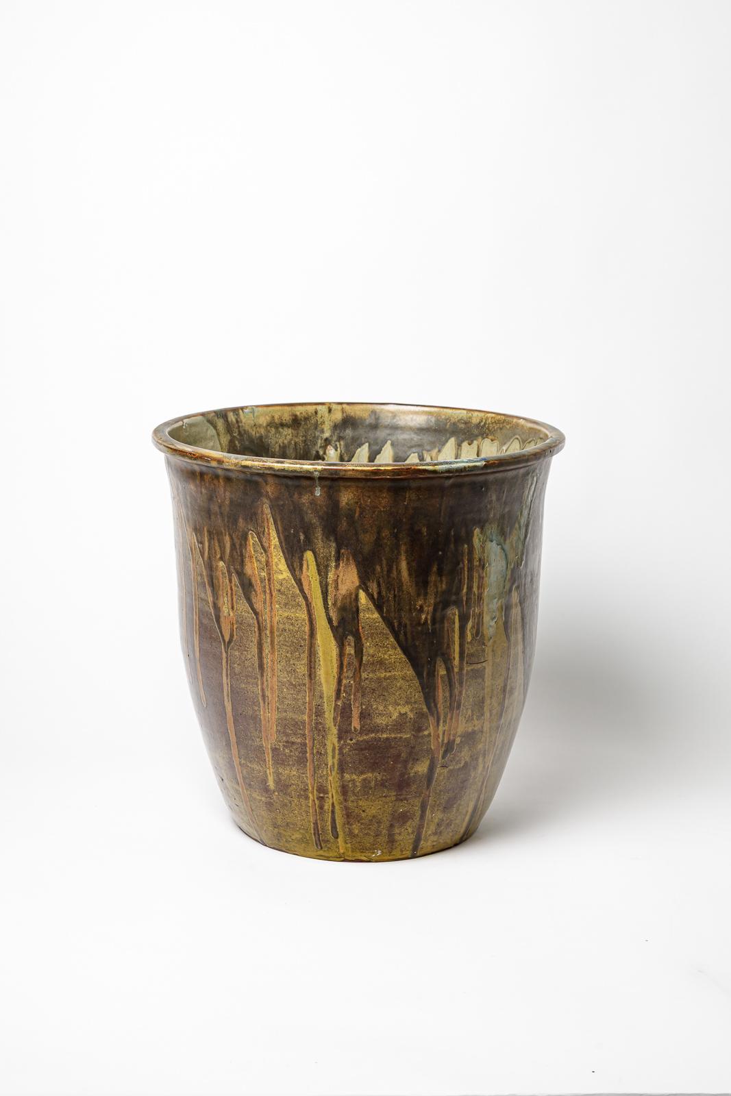 Art déco Grand cache-pot en céramique à décor de glaçure par Léon Pointu, vers 1920-1930 en vente