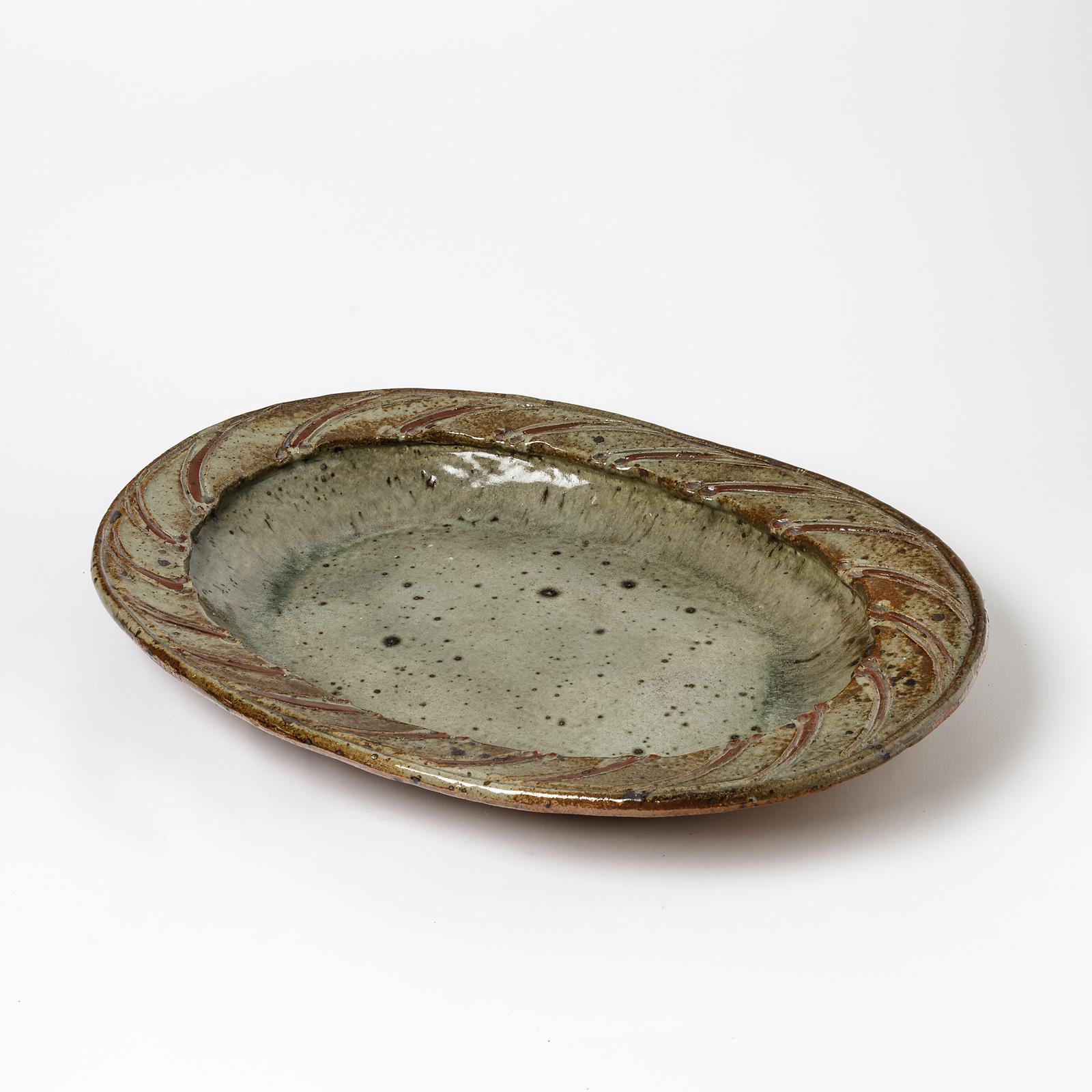 French Big Ceramic Dish by Gustave Tiffoche, circa 1960-1970 For Sale